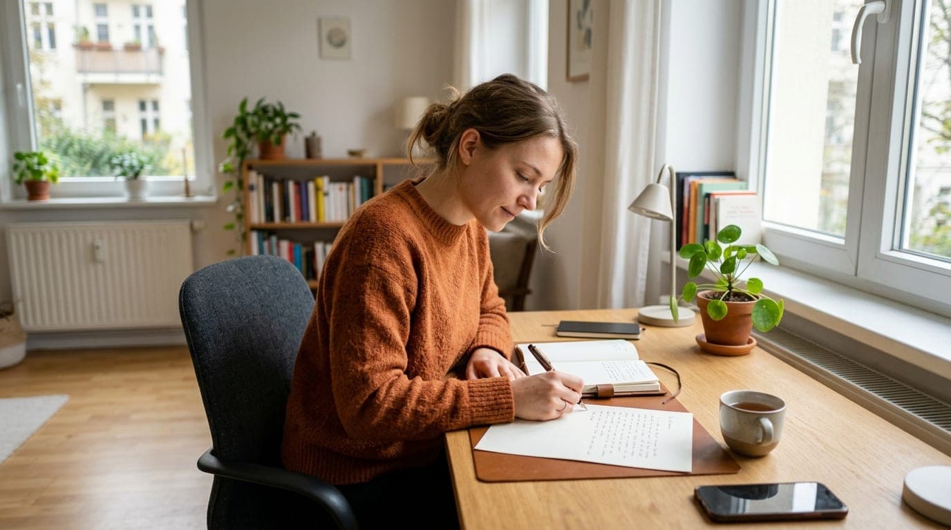 Person schreibt einen Brief am Schreibtisch zur Anforderung eines Arbeitszeugnisses