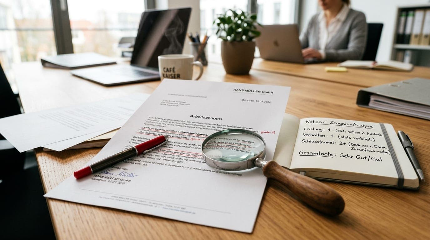 Arbeitszeugnis mit rotem Stift und Notizen zur Bewertung auf einem Schreibtisch