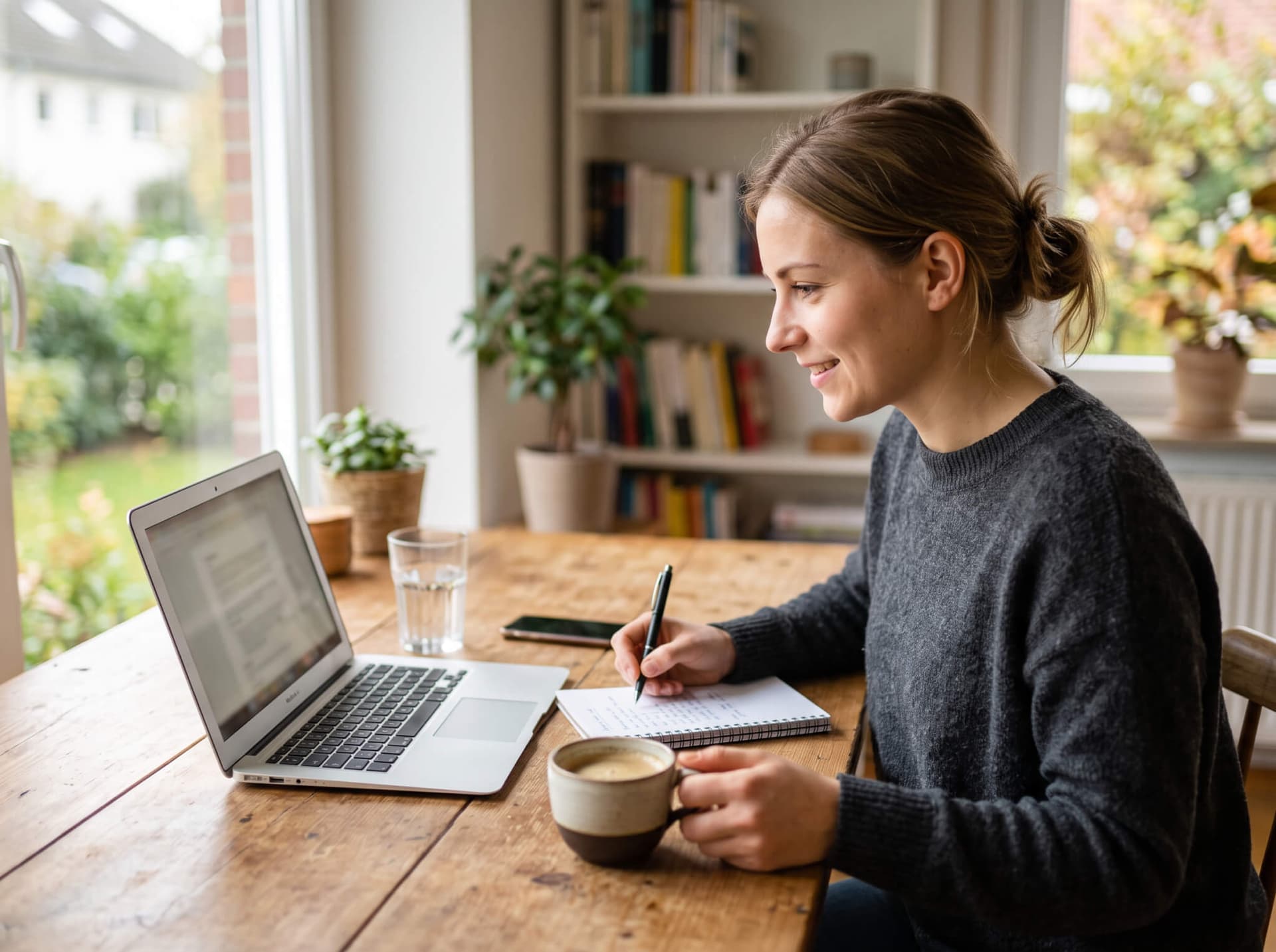 Person arbeitet konzentriert am Laptop mit Notizen und Kaffeetasse