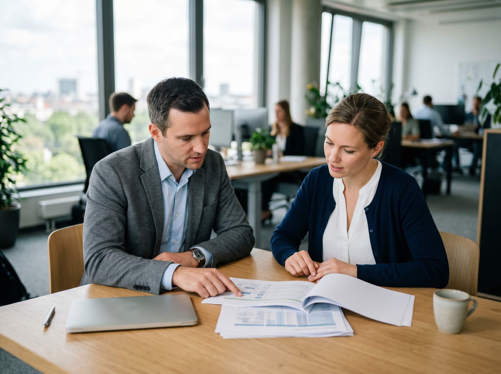 Zwei Kollegen besprechen einen Projektbericht am hellen Besprechungstisch