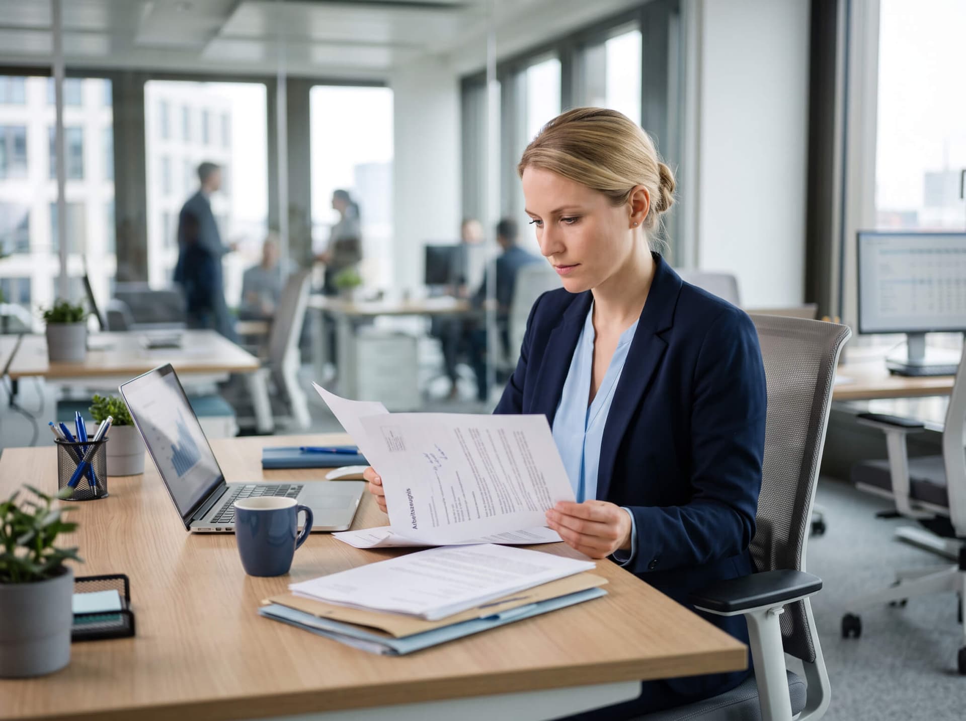 Konzentrierte Büroangestellte prüft Unterlagen an einem aufgeräumten Schreibtisch