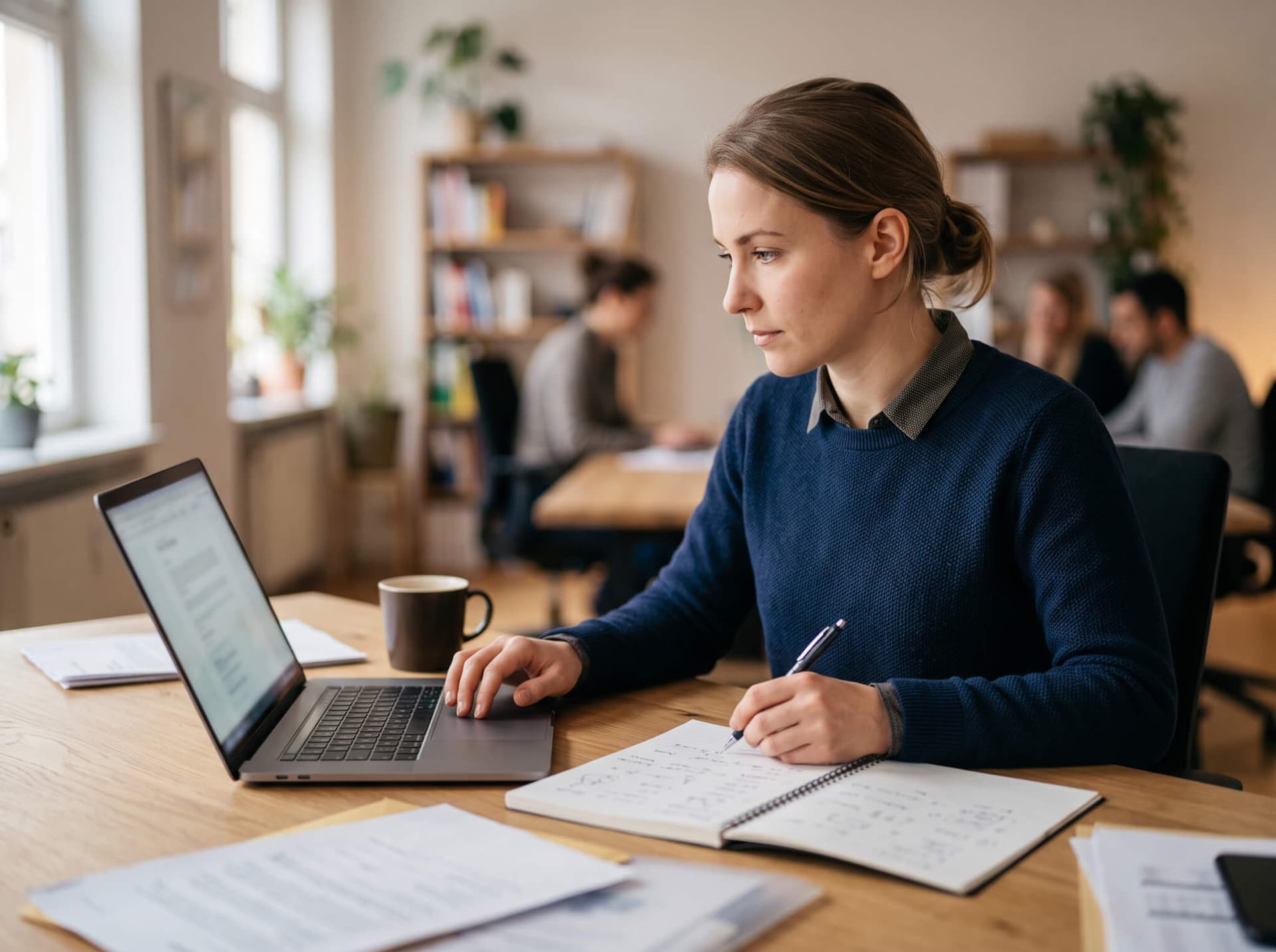 Person arbeitet konzentriert am Laptop mit Notizen und Kaffeetasse