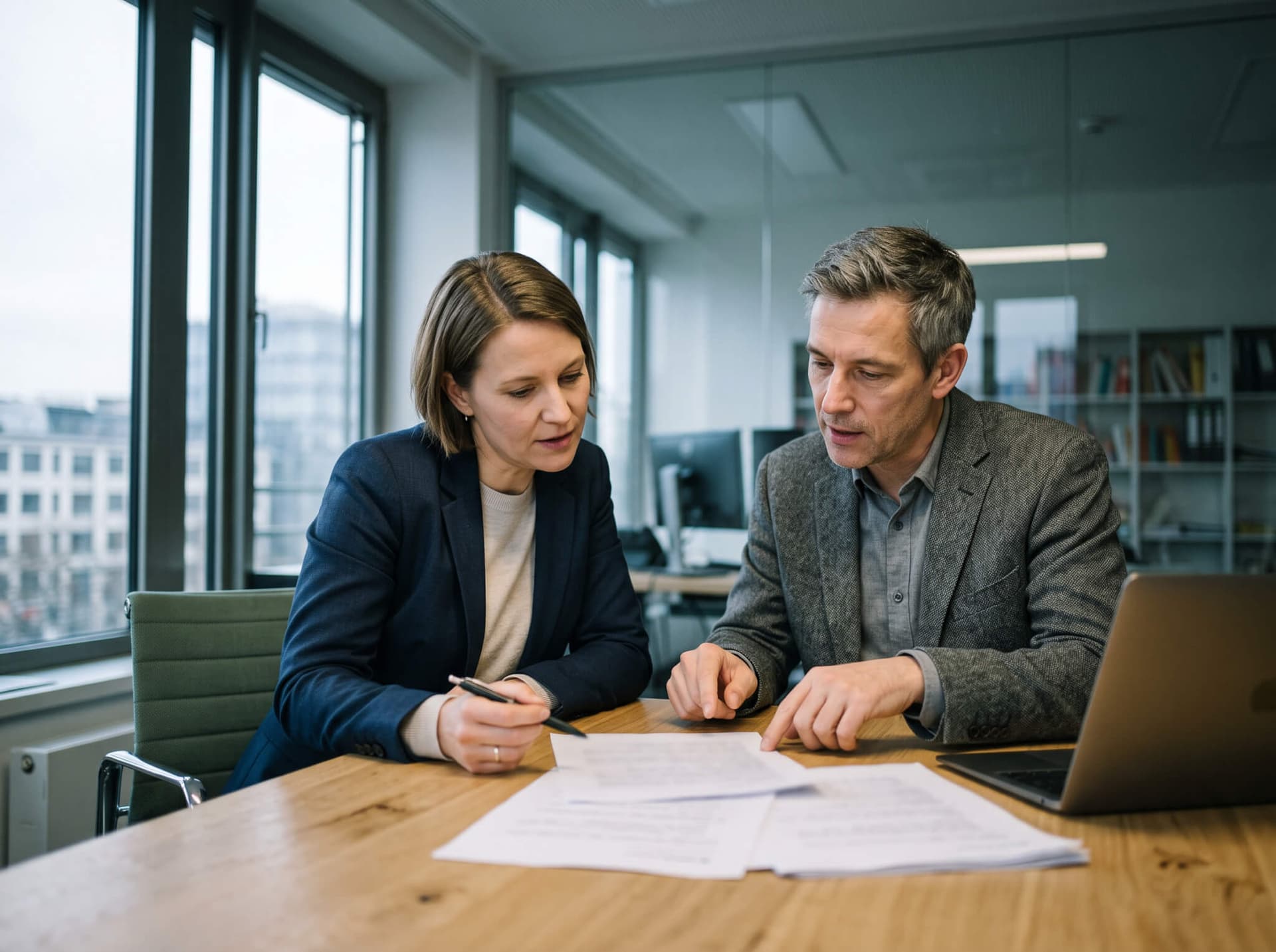 Zwei Kollegen besprechen einen Projektbericht am hellen Besprechungstisch
