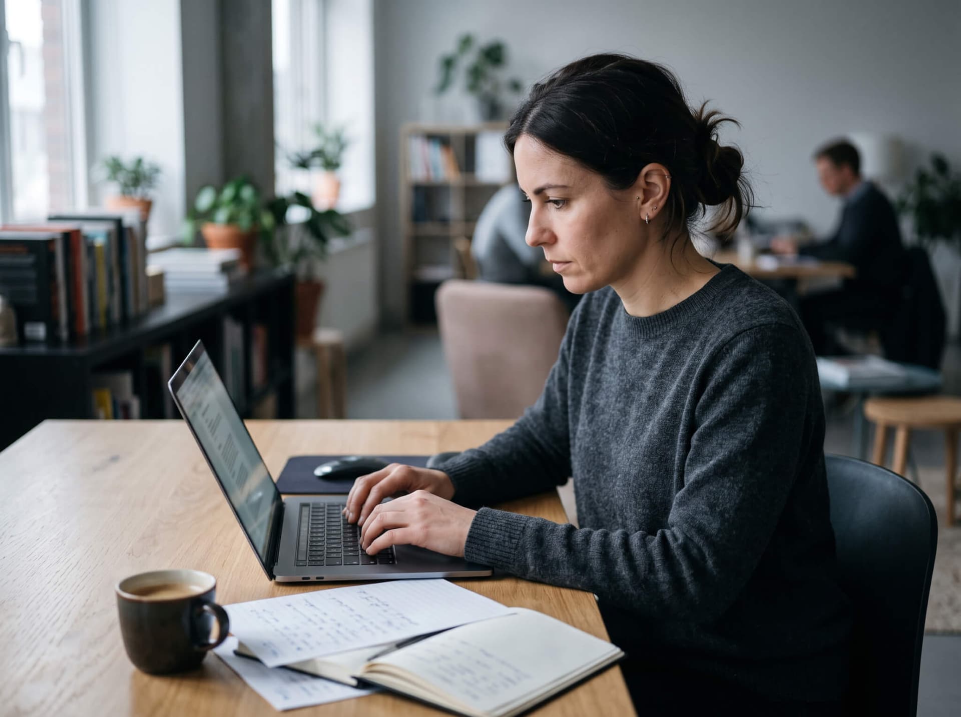 Person arbeitet konzentriert am Laptop mit Notizen und Kaffeetasse