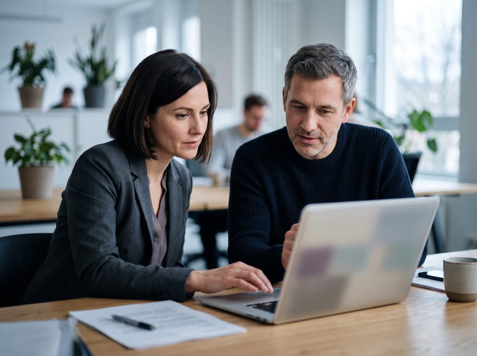 Zwei Kollegen arbeiten einvernehmlich gemeinsam am Laptop