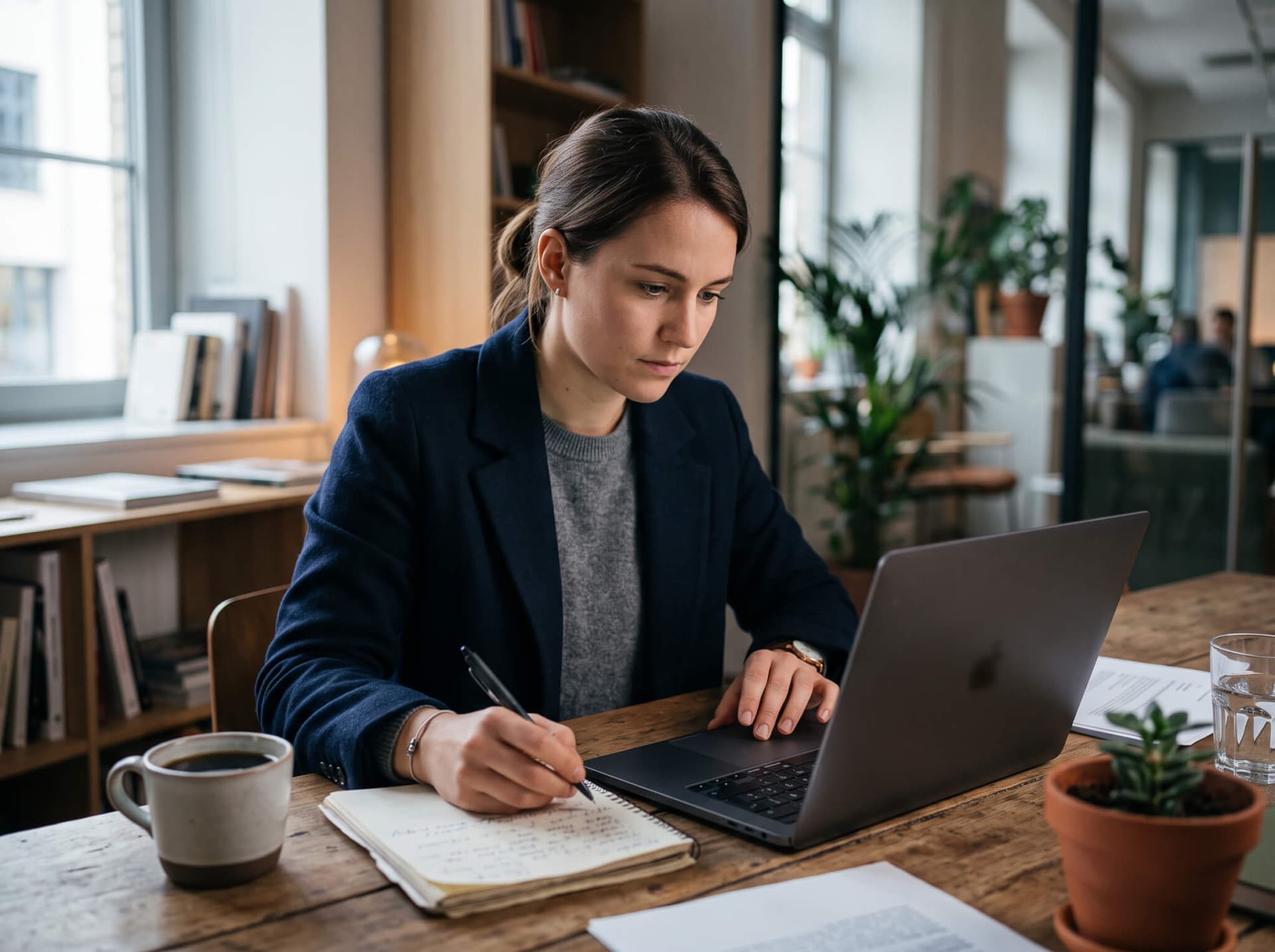 Person arbeitet konzentriert am Laptop mit Notizen und Kaffeetasse