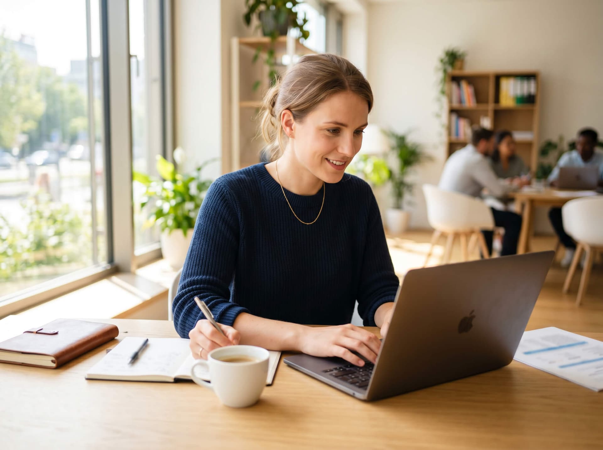 Person arbeitet konzentriert am Laptop mit Notizen und Kaffeetasse