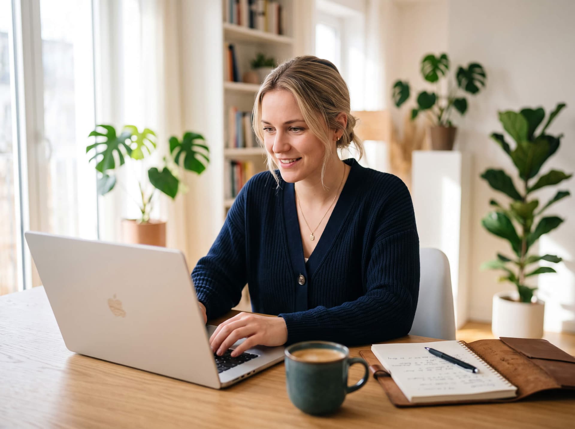 Person arbeitet konzentriert am Laptop mit Notizen und Kaffeetasse