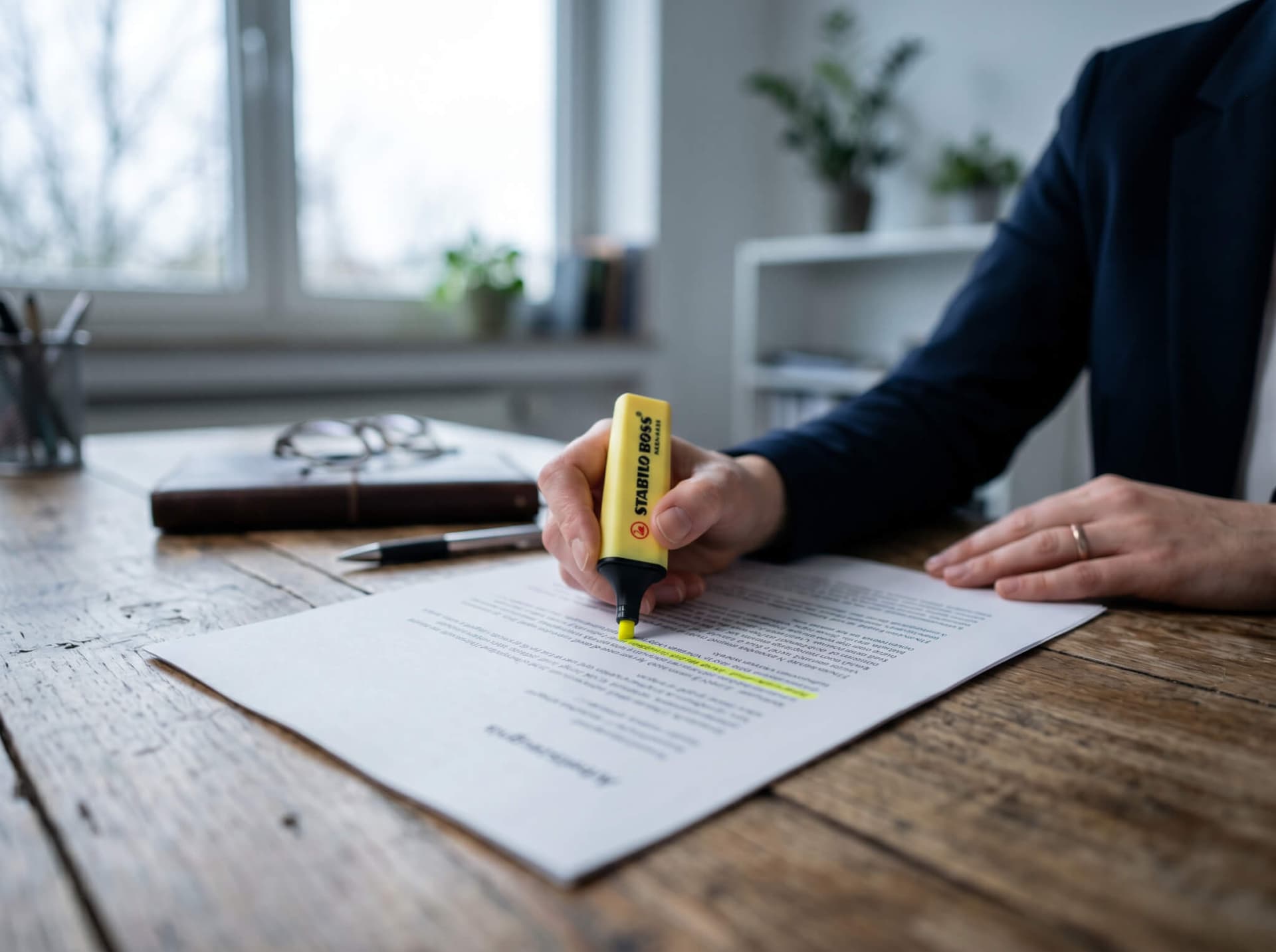 Textmarker hebt eine Zeile in einem gedruckten Arbeitszeugnis hervor