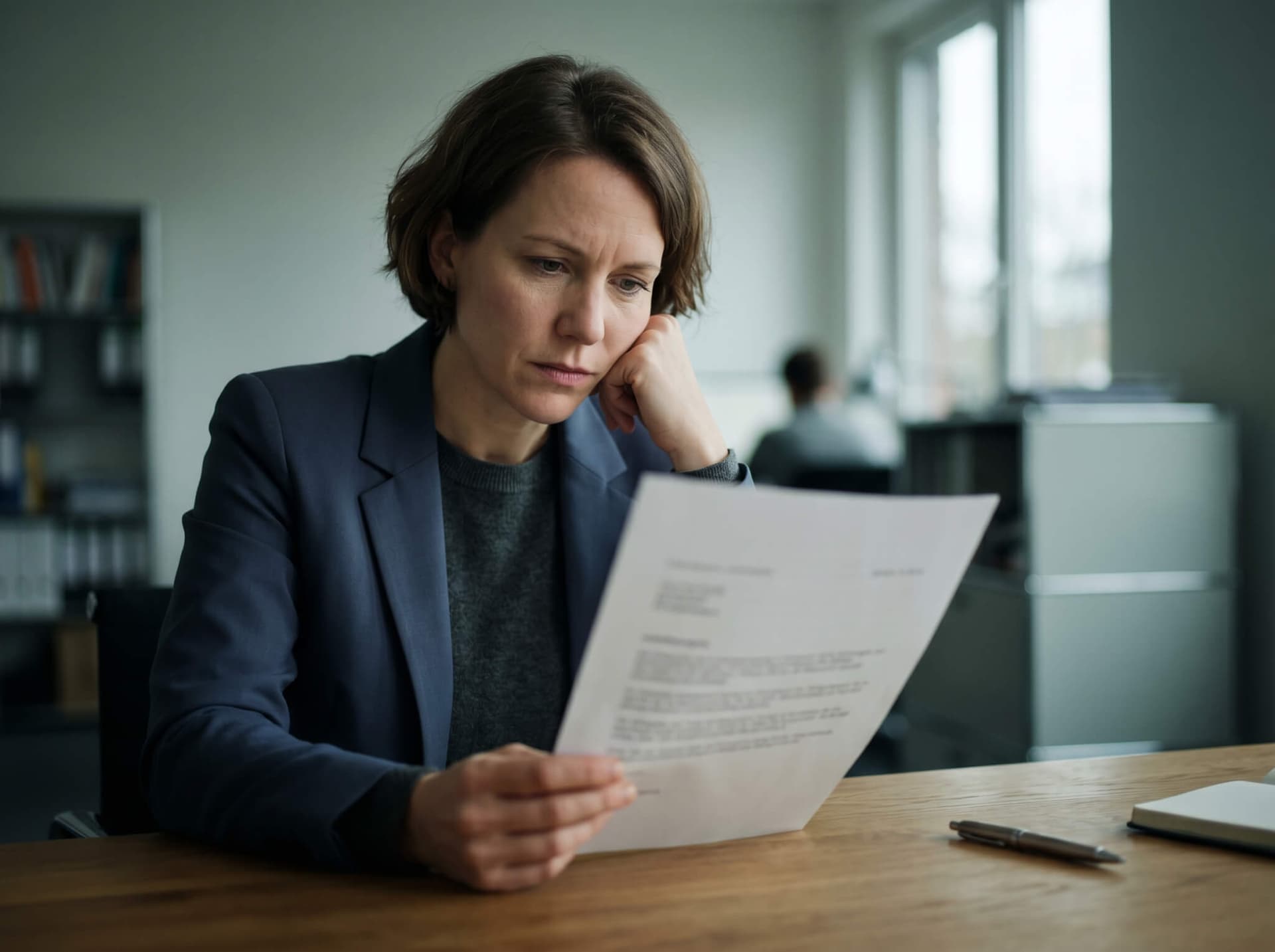Nachdenkliche Person prüft ein Dokument genau am Schreibtisch