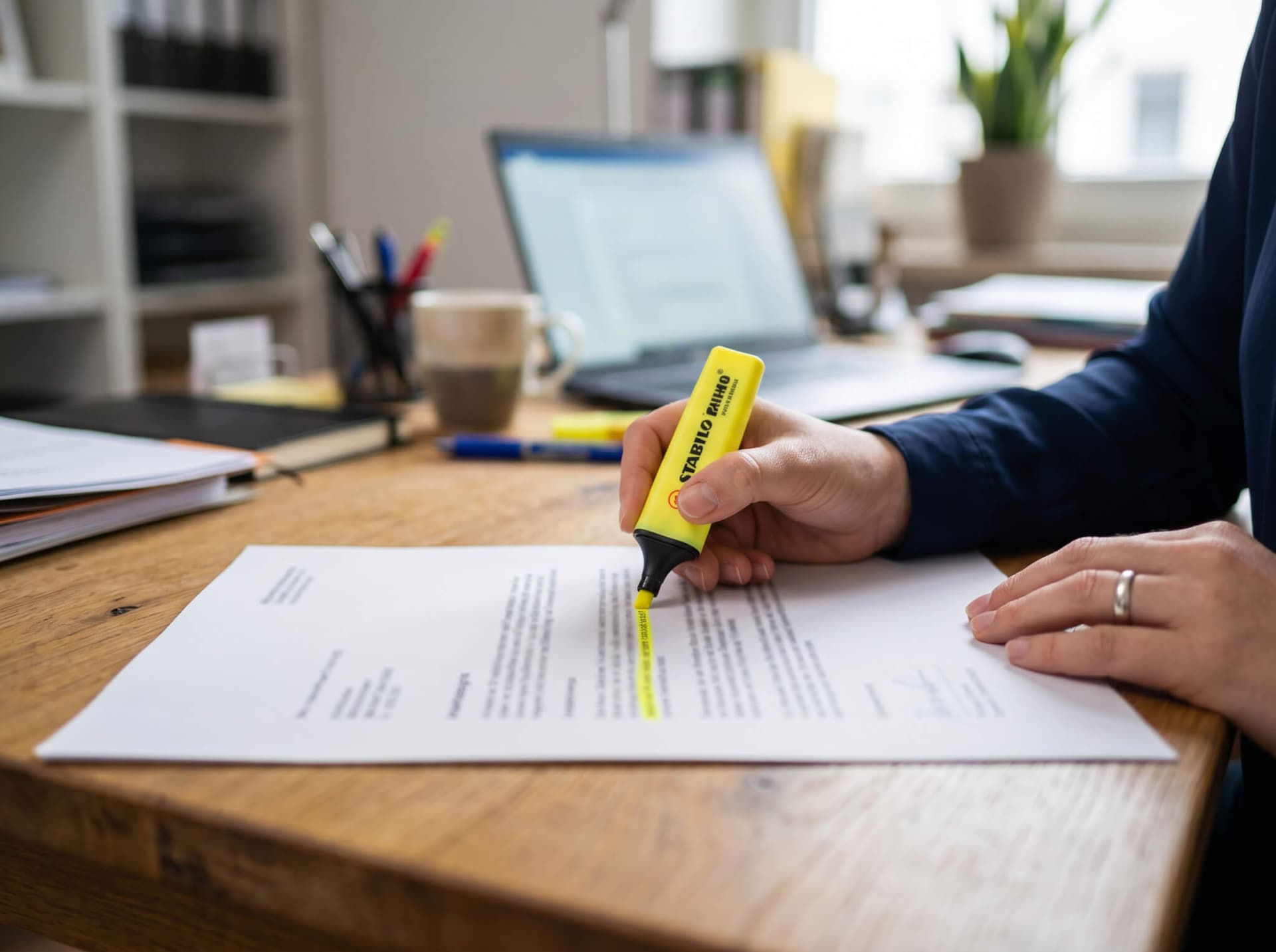 Textmarker hebt eine Zeile in einem gedruckten Arbeitszeugnis hervor