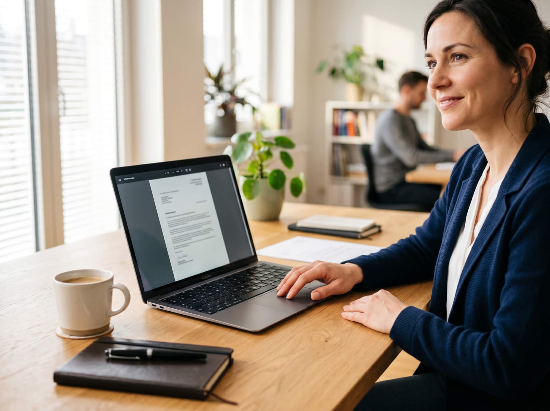 Laptop zeigt die Vorschau eines Arbeitszeugnisses auf einem aufgeräumten Schreibtisch
