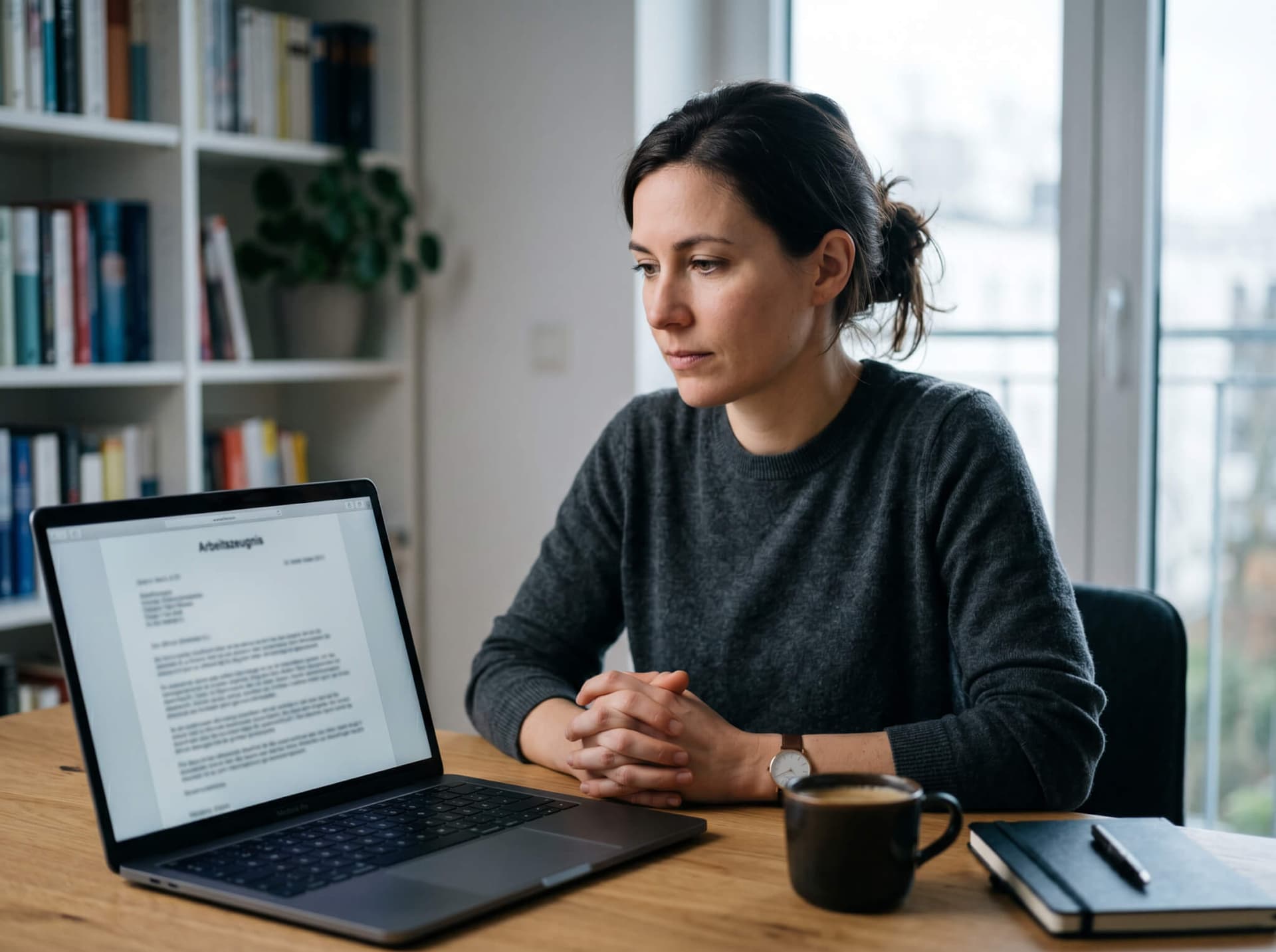 Laptop zeigt die Vorschau eines Arbeitszeugnisses auf einem aufgeräumten Schreibtisch