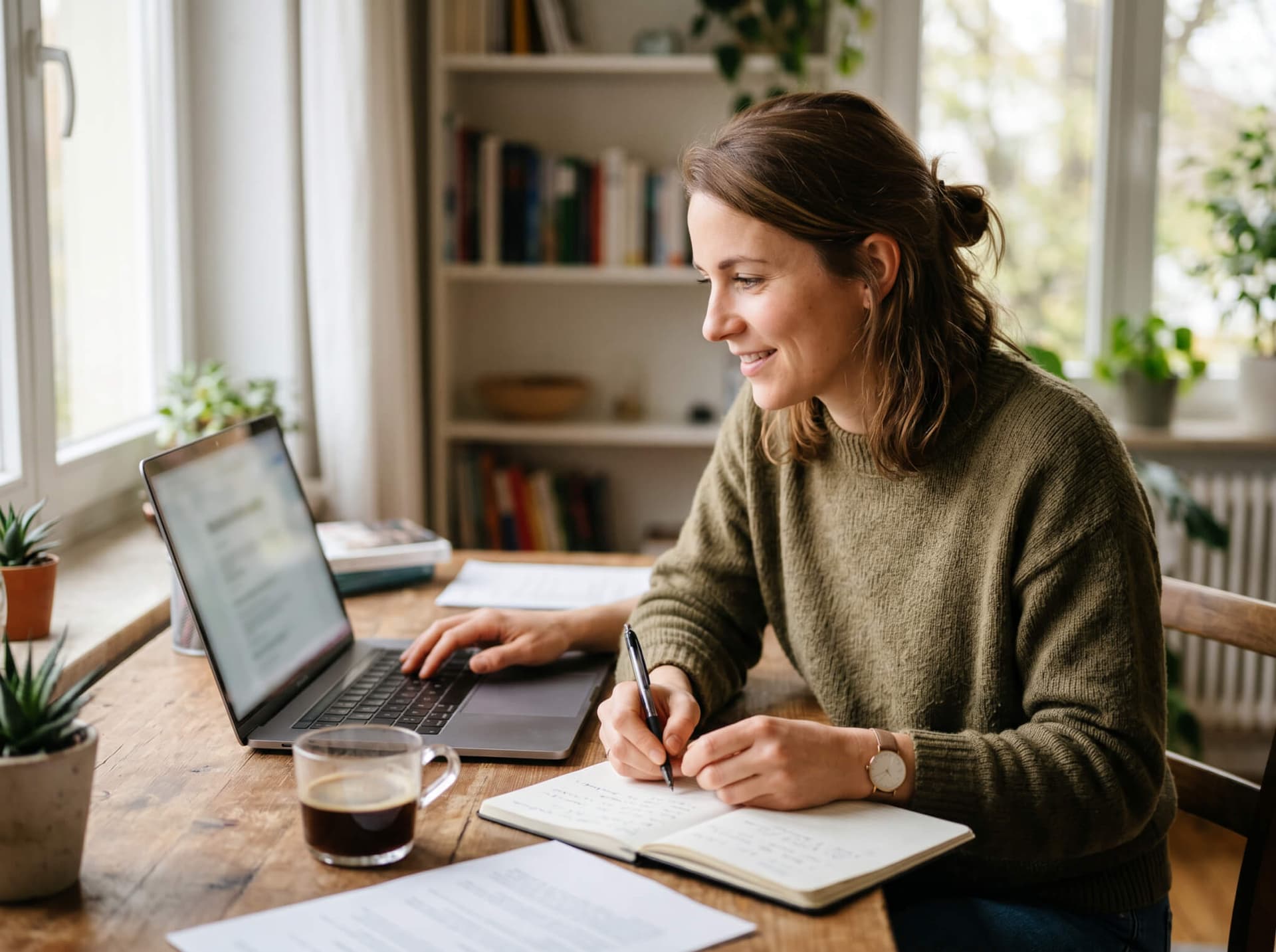 Person arbeitet konzentriert am Laptop mit Notizen und Kaffeetasse
