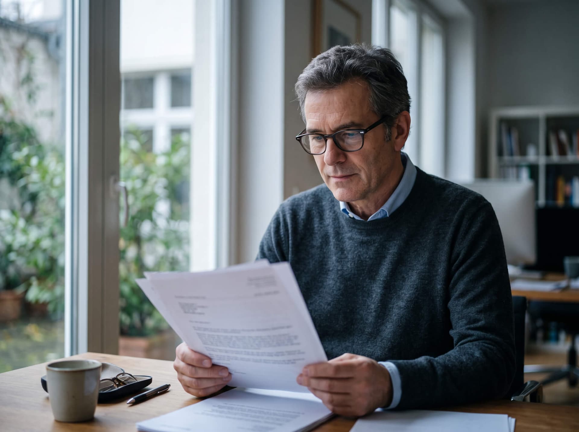 Person liest ein Arbeitszeugnis konzentriert mit Lesebrille am Fenster