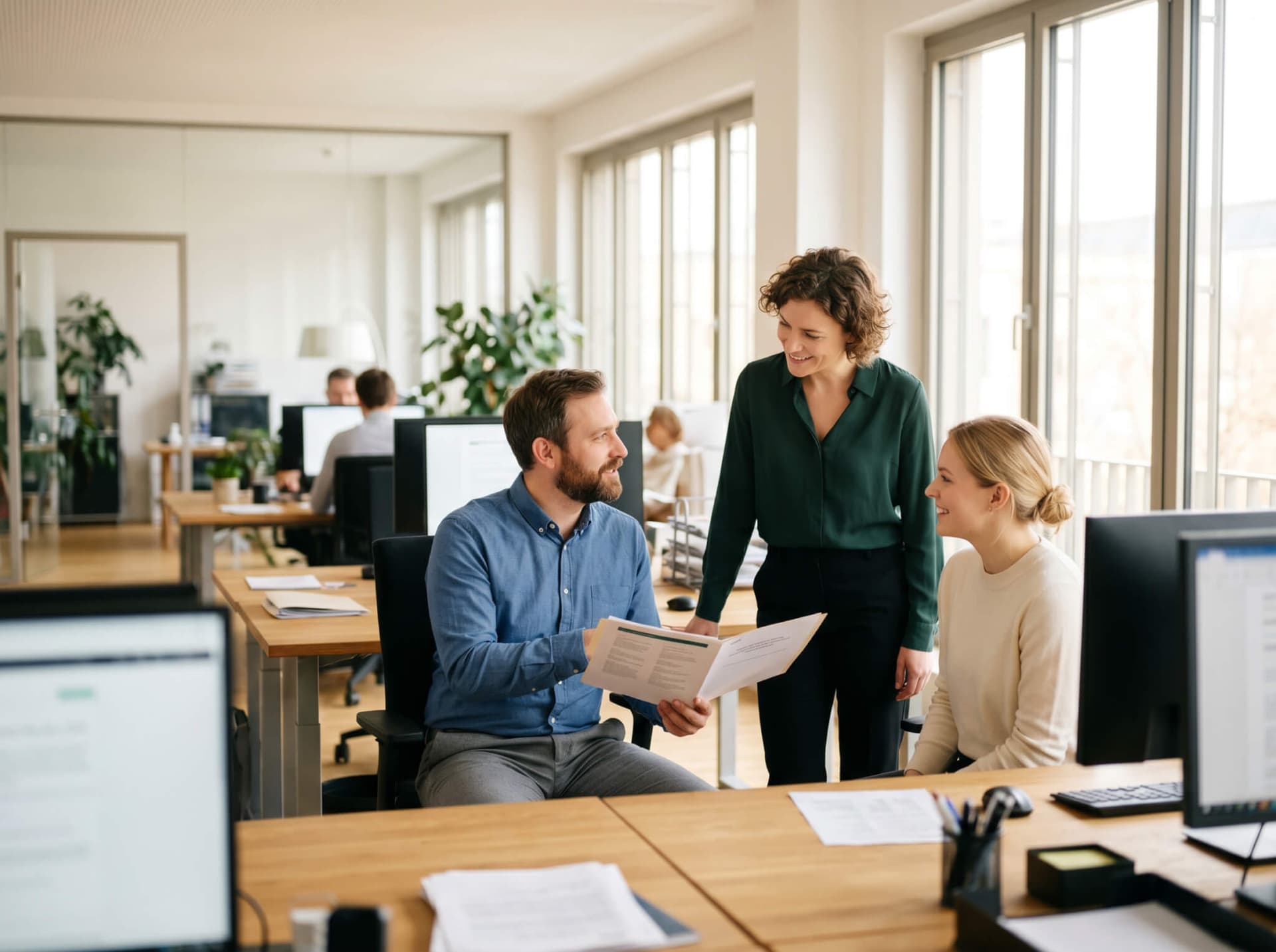 Kolleginnen und Kollegen im Büro im freundlichen, respektvollen Austausch