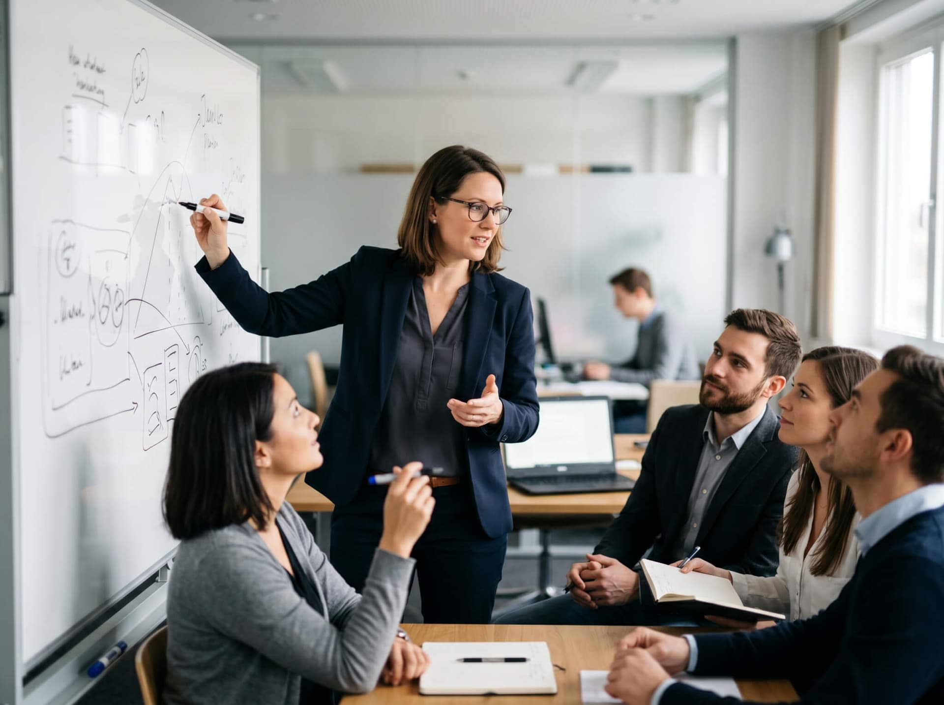 Führungskraft erläutert dem Team eine Idee am Whiteboard