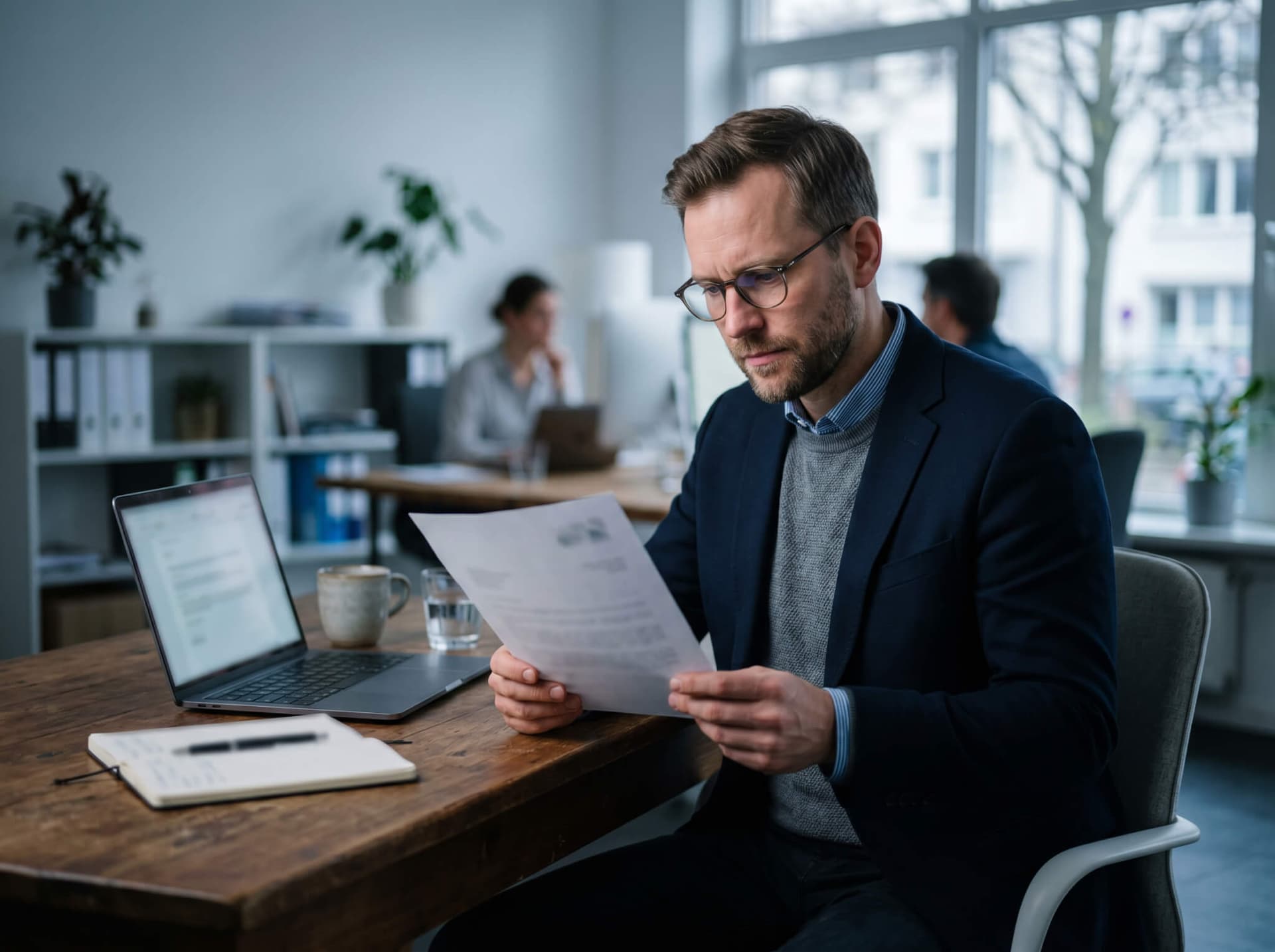 Nachdenkliche Person prüft ein Dokument genau am Schreibtisch