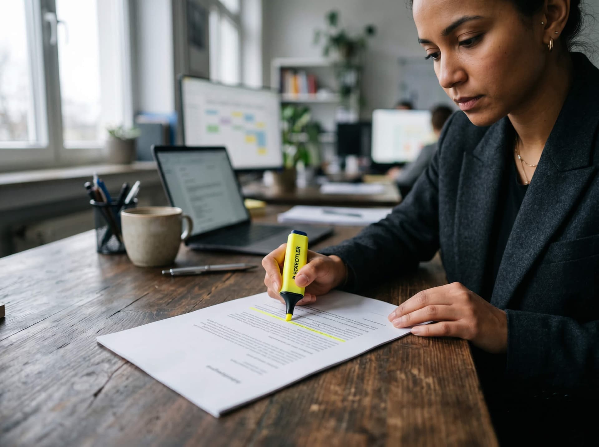 Textmarker hebt eine Zeile in einem gedruckten Arbeitszeugnis hervor
