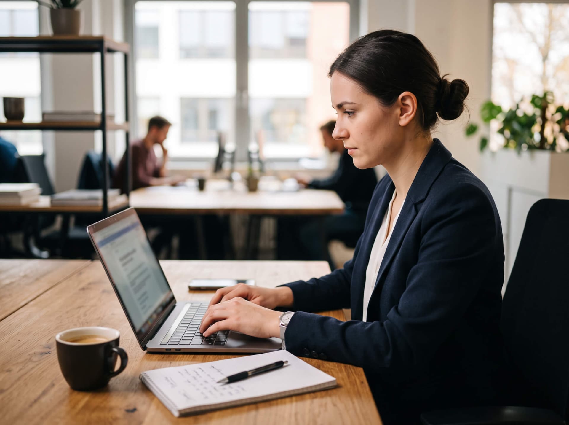 Person arbeitet konzentriert am Laptop mit Notizen und Kaffeetasse