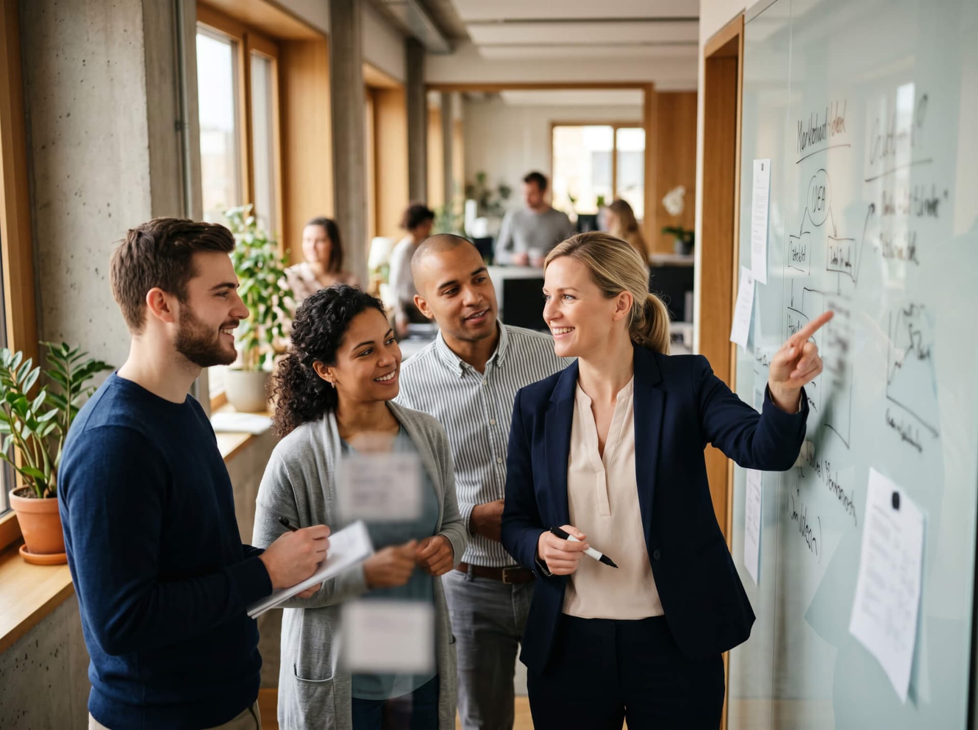 Führungskraft erläutert dem Team eine Idee am Whiteboard