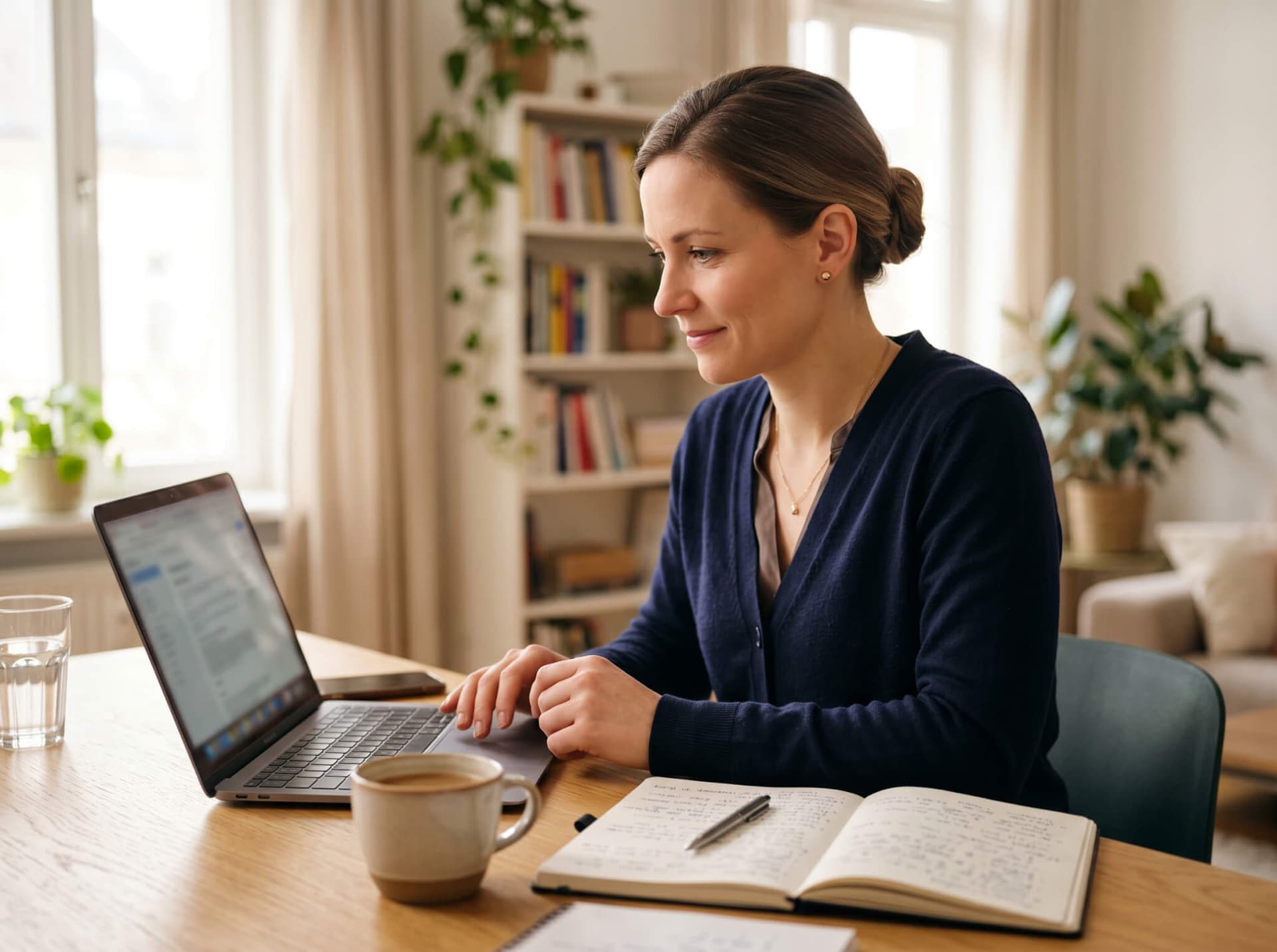 Person arbeitet konzentriert am Laptop mit Notizen und Kaffeetasse