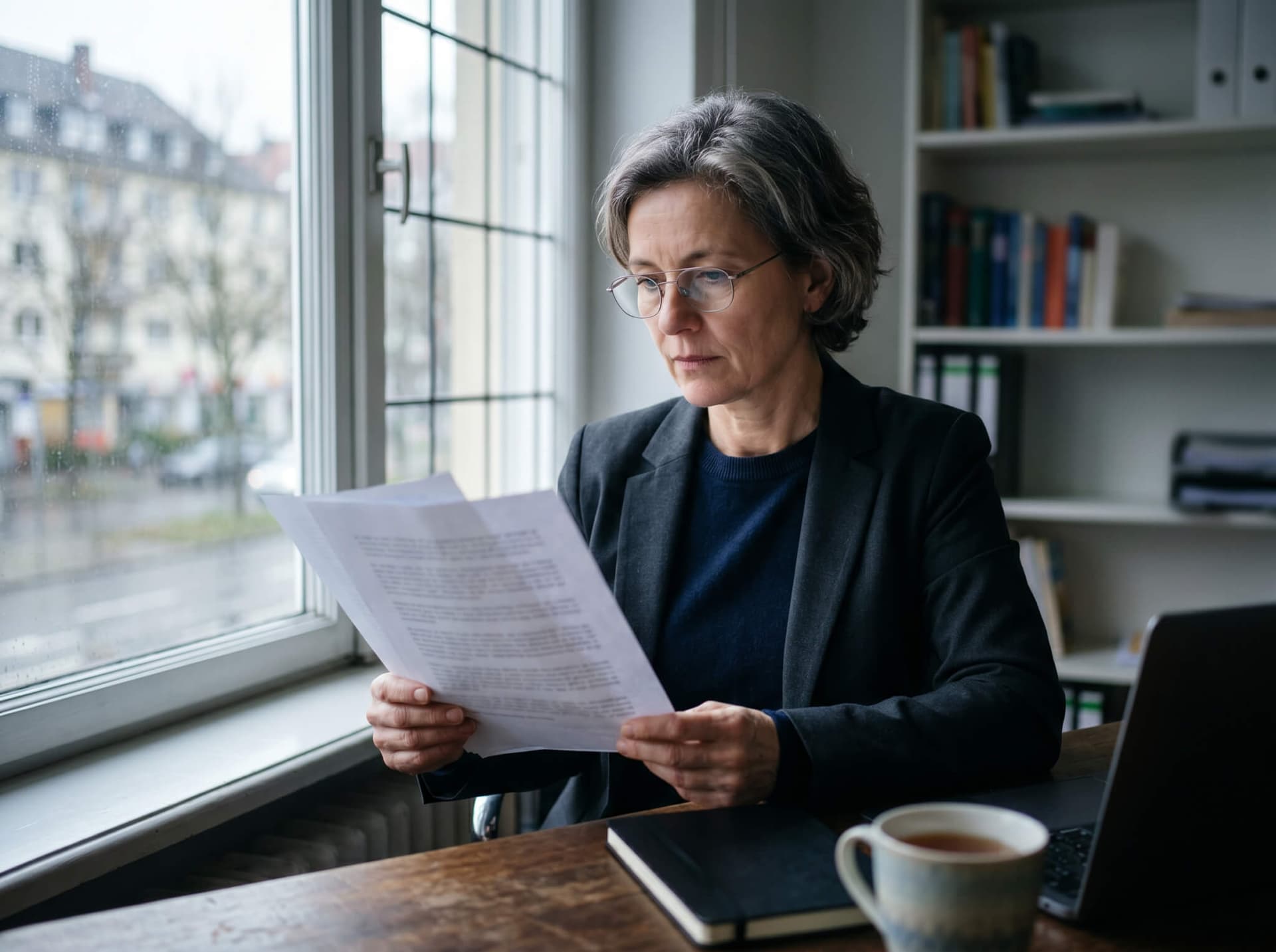 Person liest ein Arbeitszeugnis konzentriert mit Lesebrille am Fenster