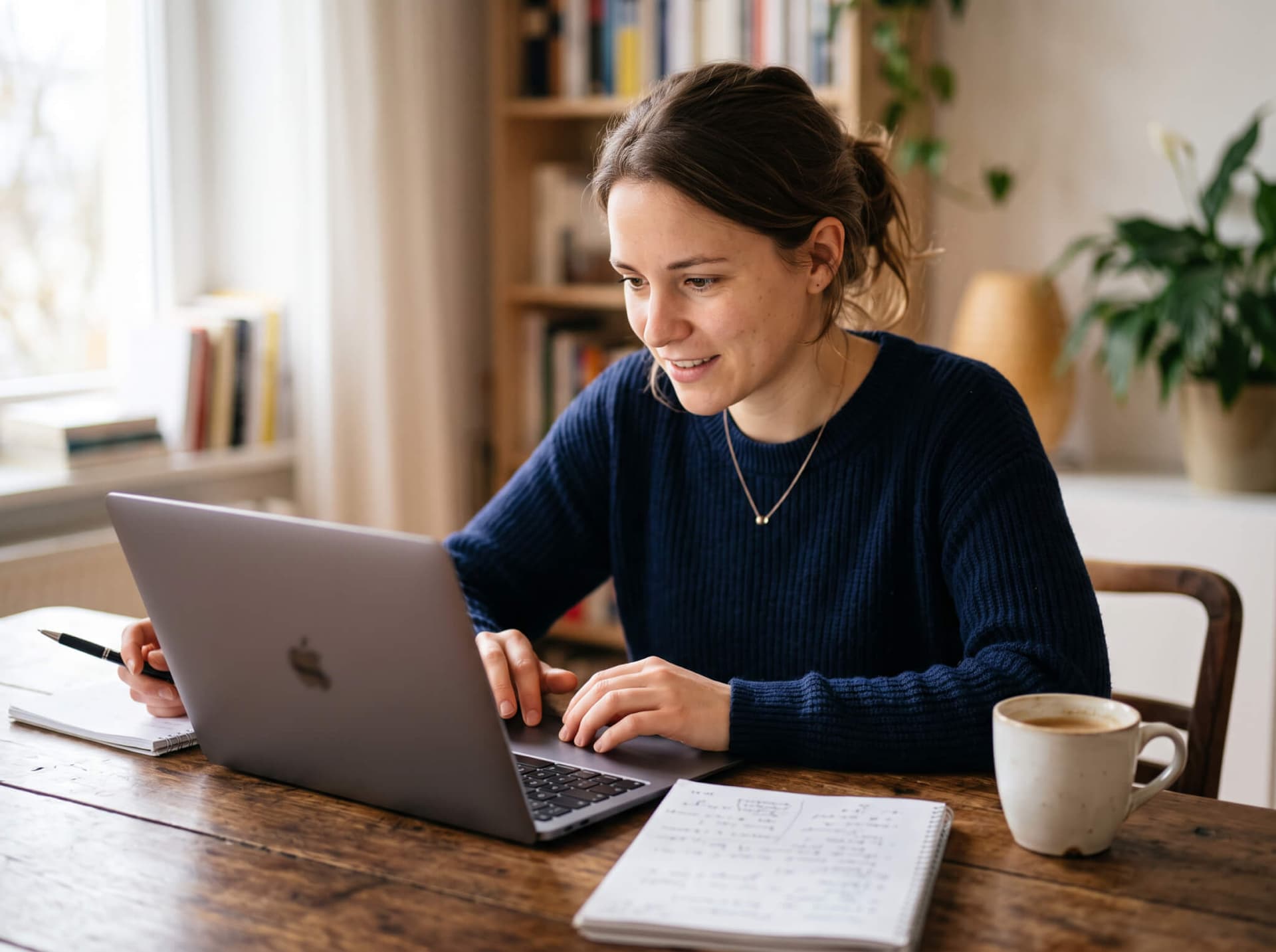 Person arbeitet konzentriert am Laptop mit Notizen und Kaffeetasse