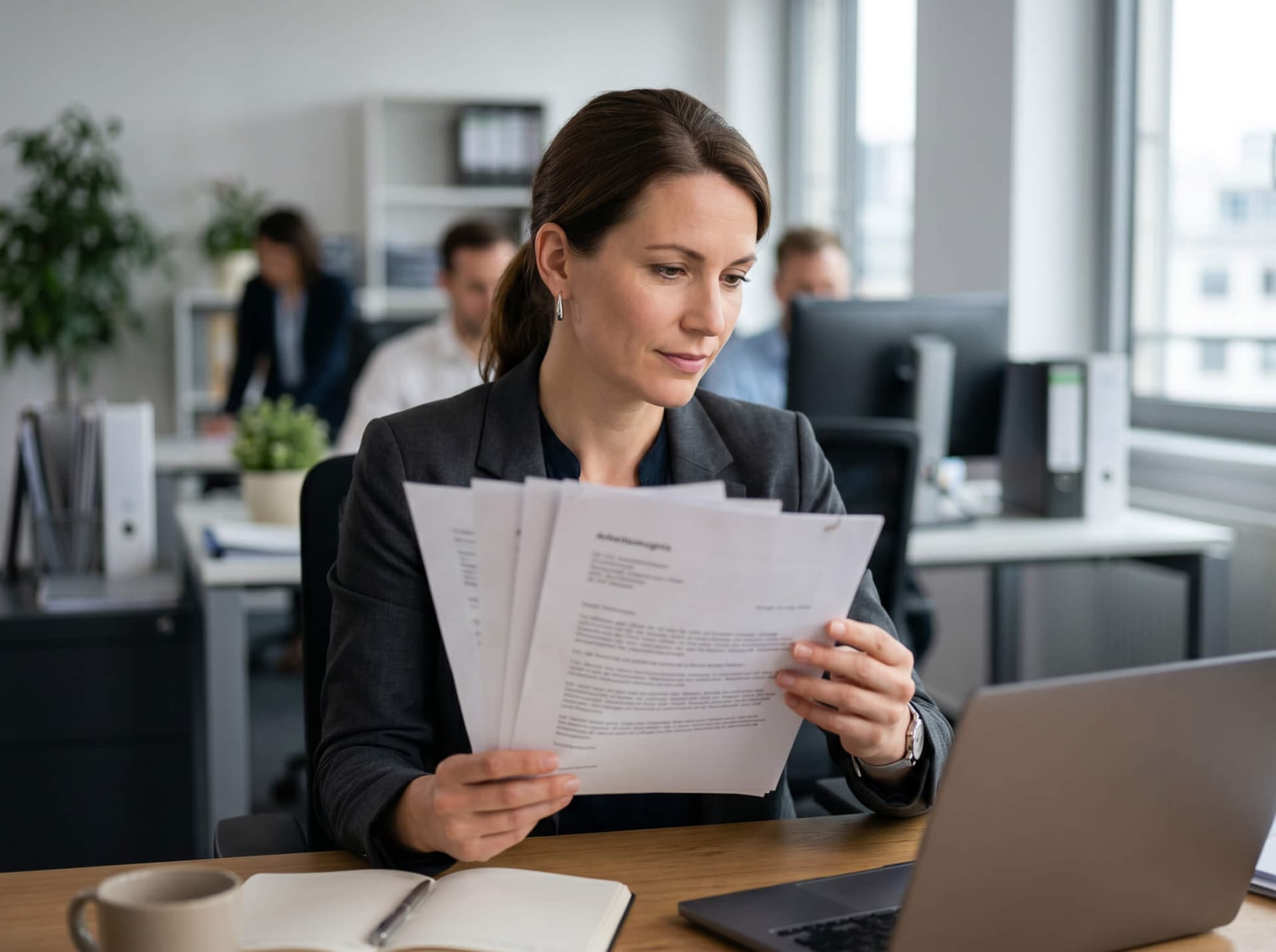 Person liest die Gesamtbeurteilung eines mehrseitigen Arbeitszeugnisses