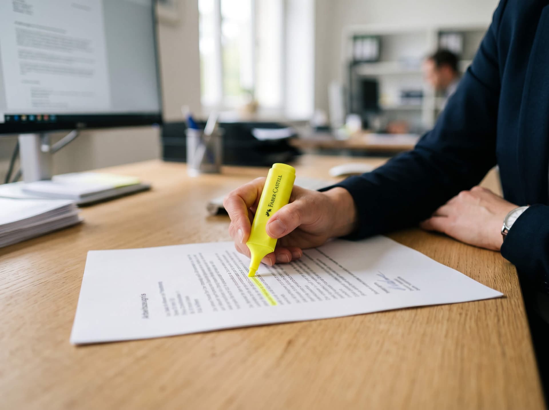 Textmarker hebt eine Zeile in einem gedruckten Arbeitszeugnis hervor
