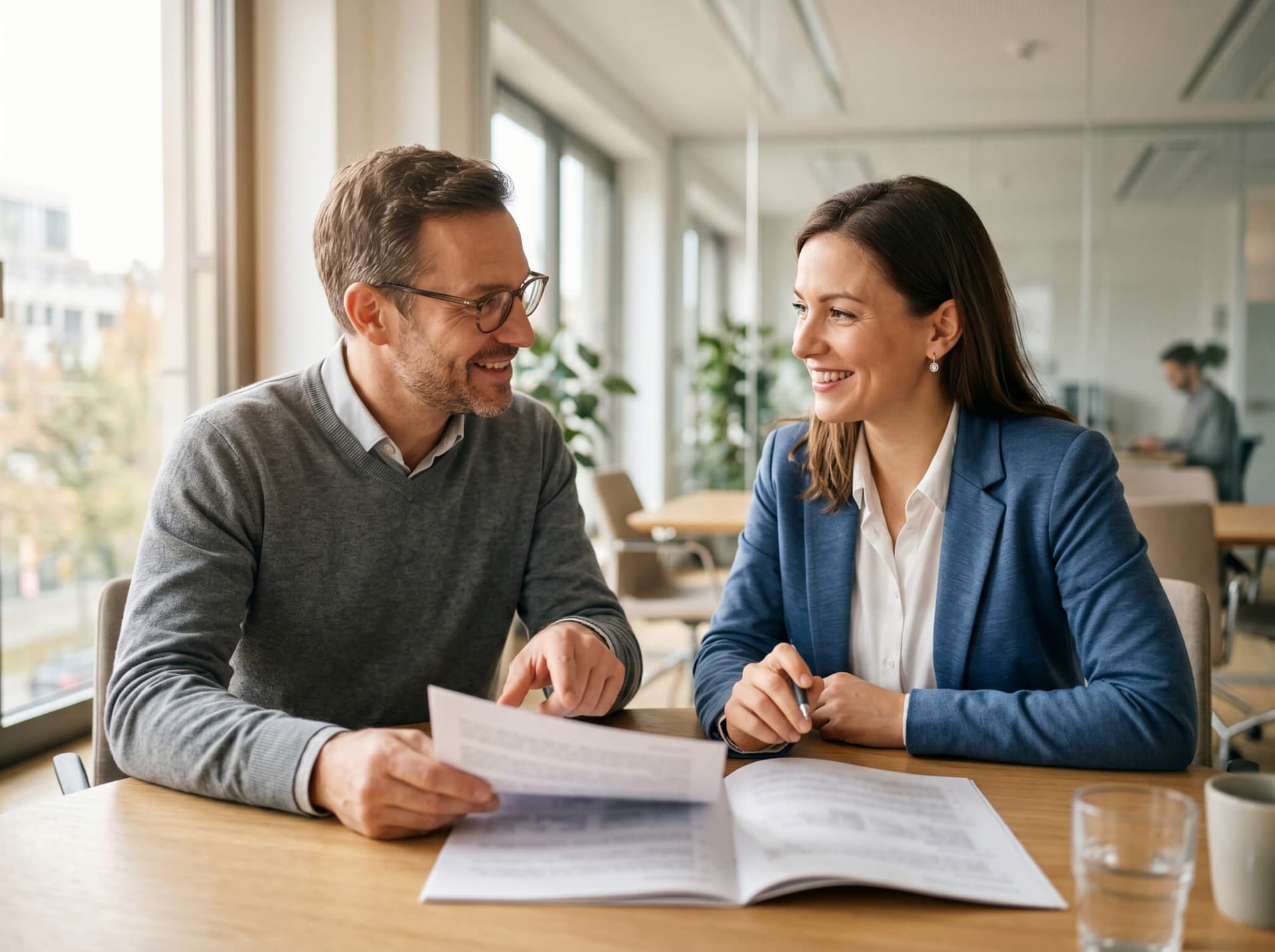 Zwei Kollegen besprechen einen Projektbericht am hellen Besprechungstisch