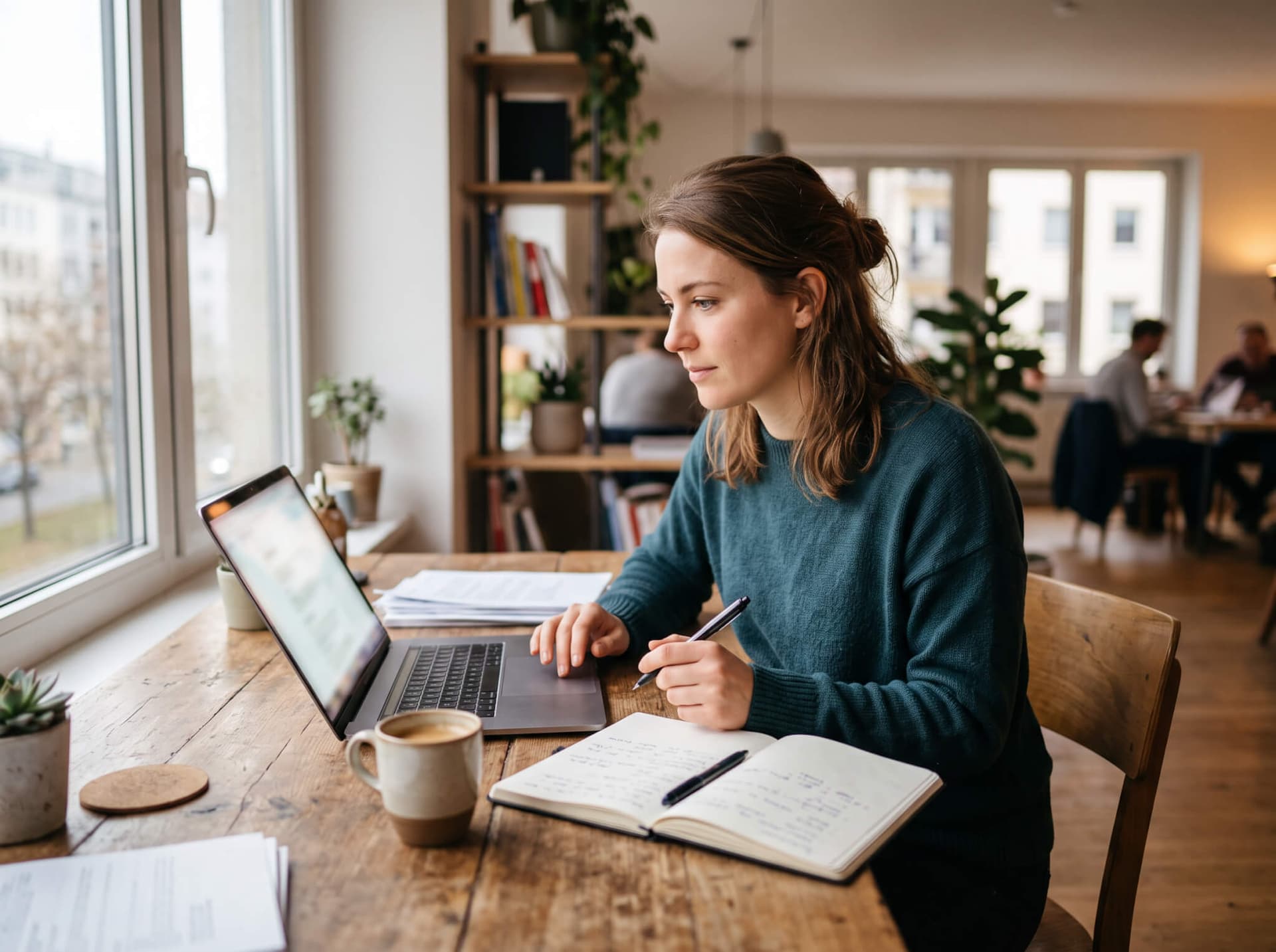 Person arbeitet konzentriert am Laptop mit Notizen und Kaffeetasse