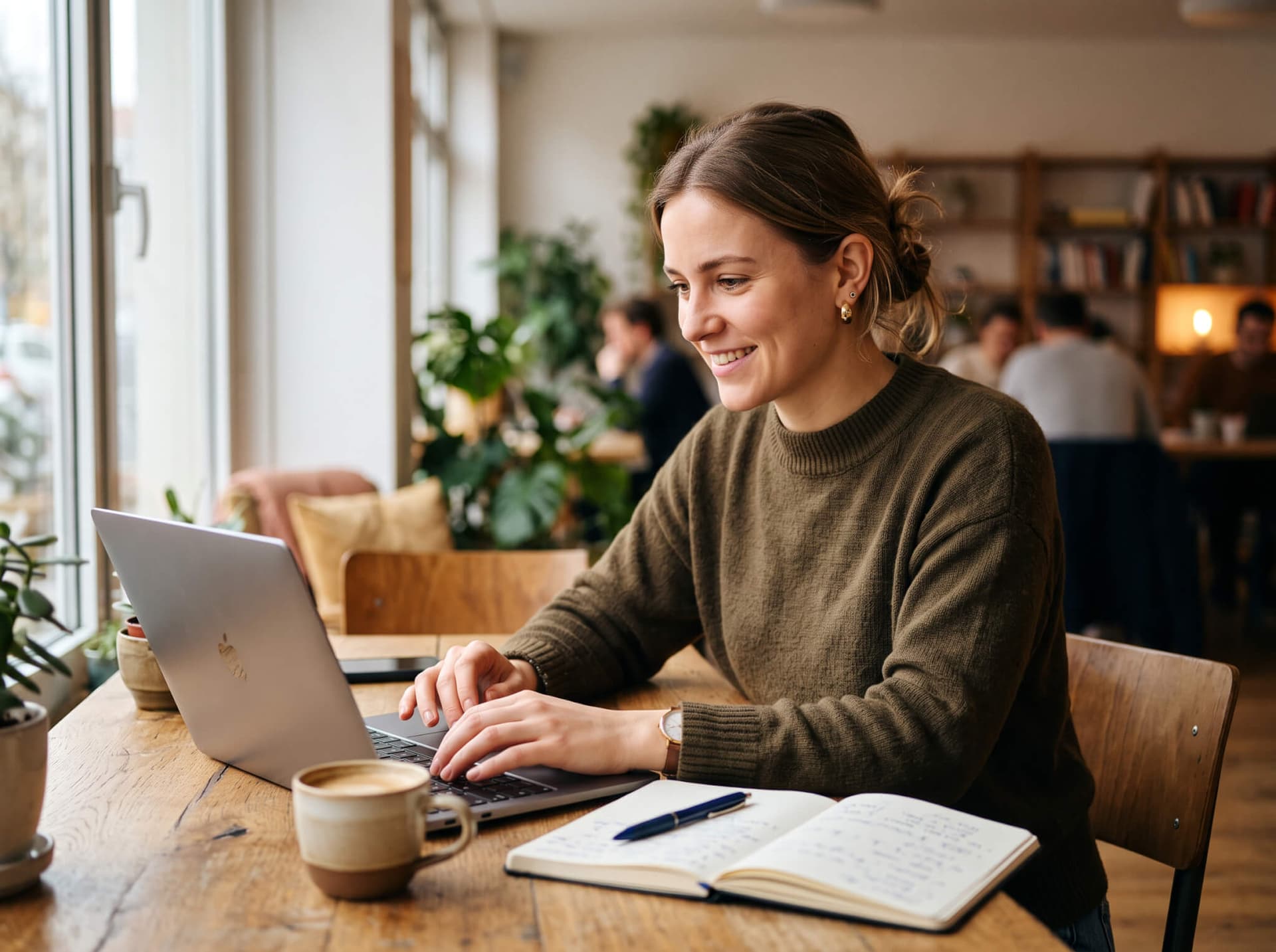 Person arbeitet konzentriert am Laptop mit Notizen und Kaffeetasse
