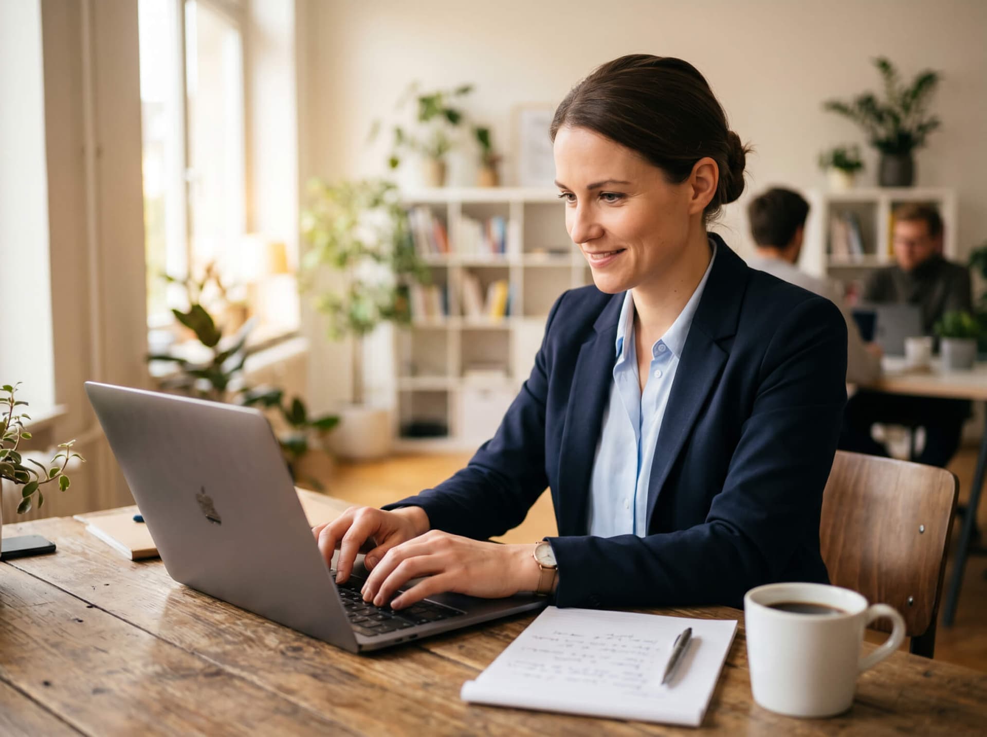 Person arbeitet konzentriert am Laptop mit Notizen und Kaffeetasse