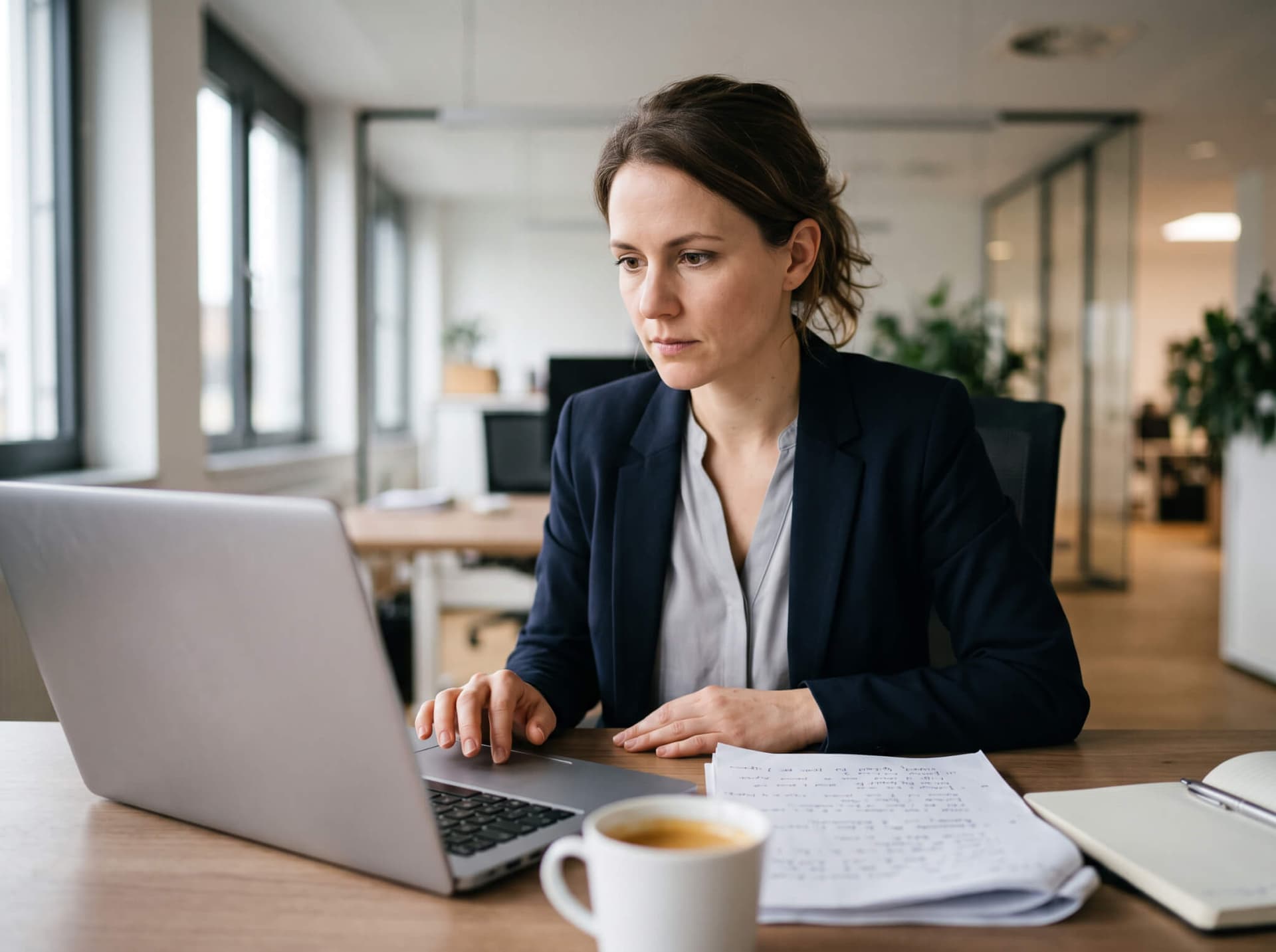 Person arbeitet konzentriert am Laptop mit Notizen und Kaffeetasse