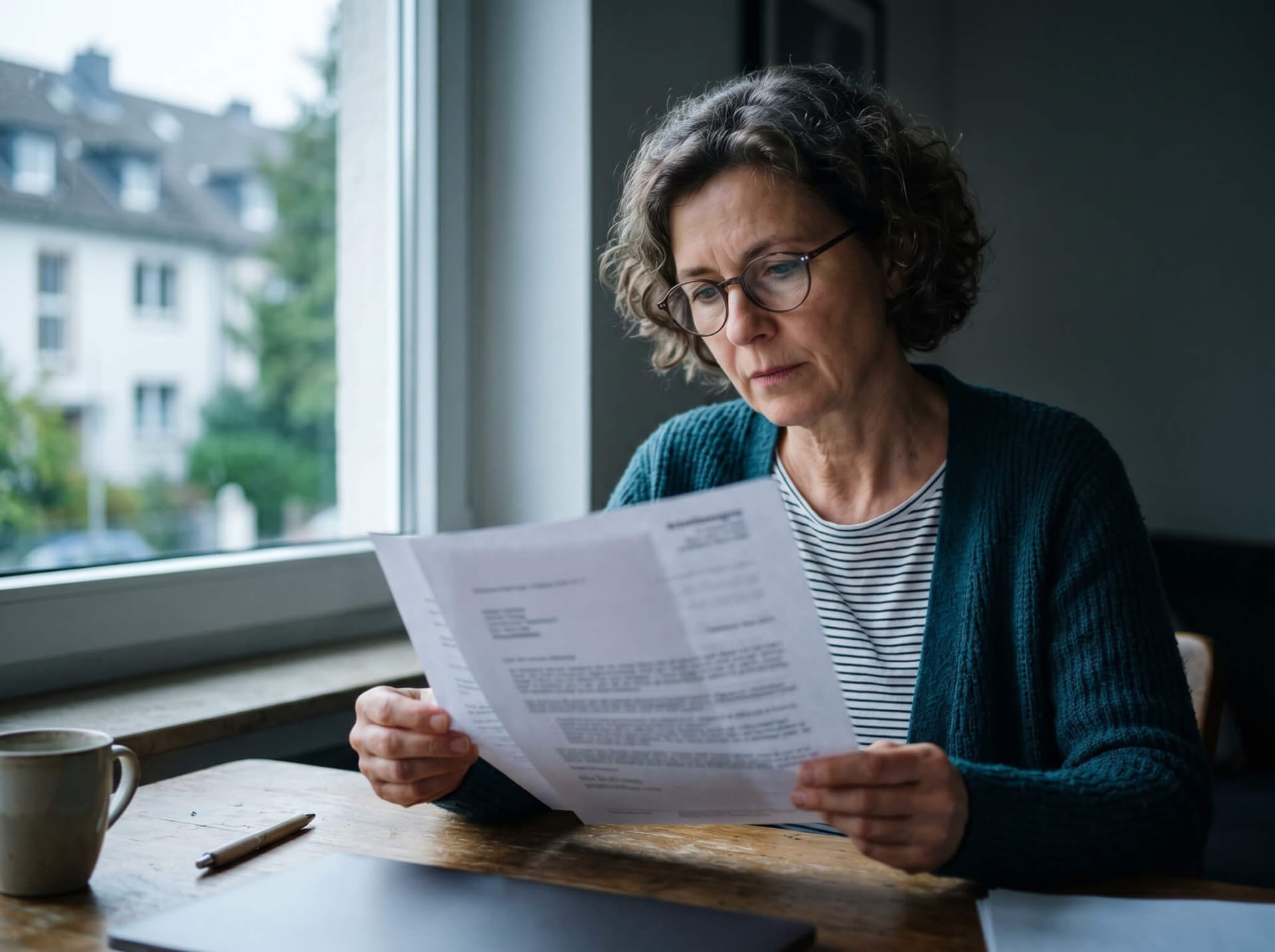 Person liest ein Arbeitszeugnis konzentriert mit Lesebrille am Fenster