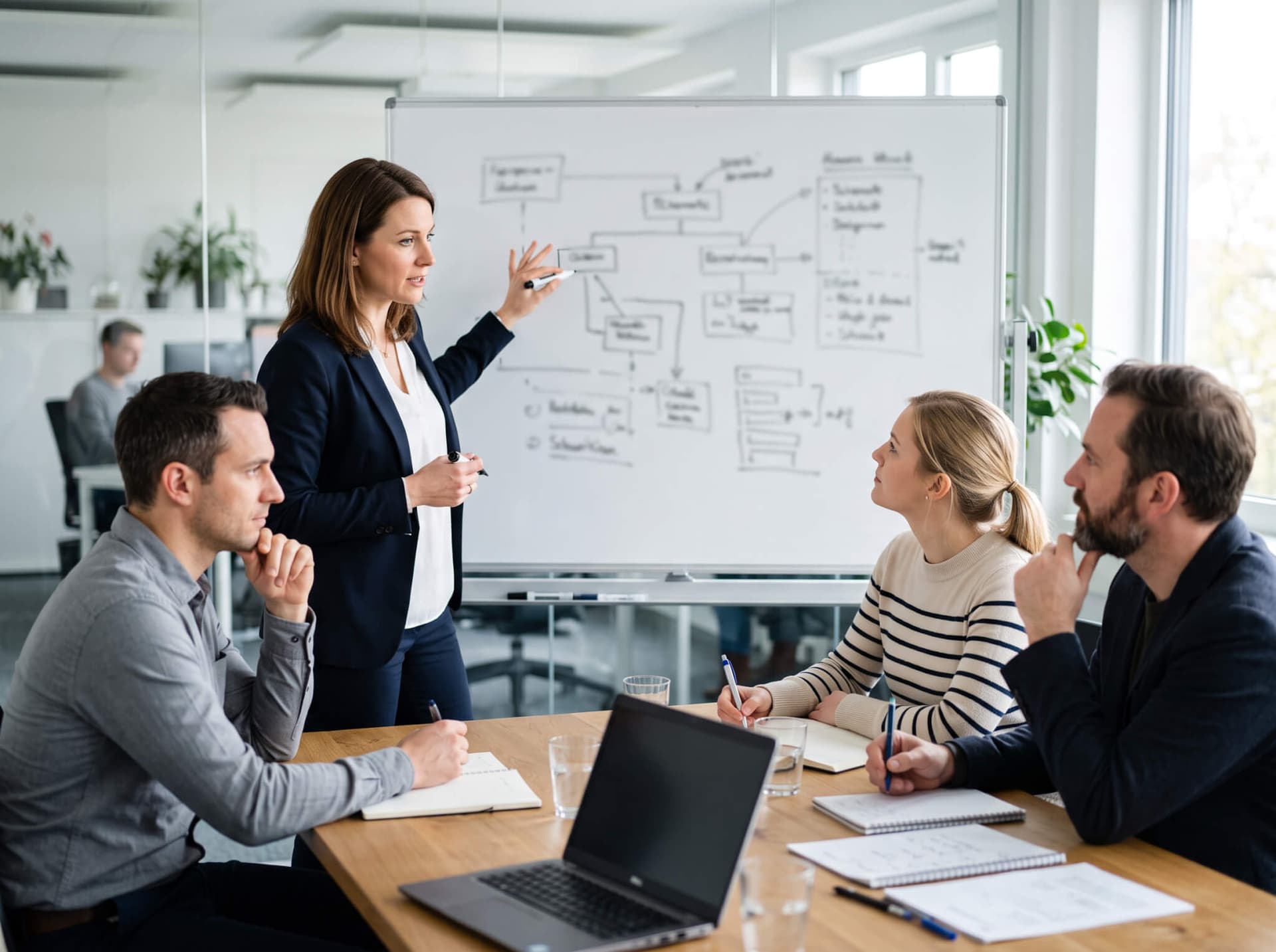 Führungskraft erläutert dem Team eine Idee am Whiteboard