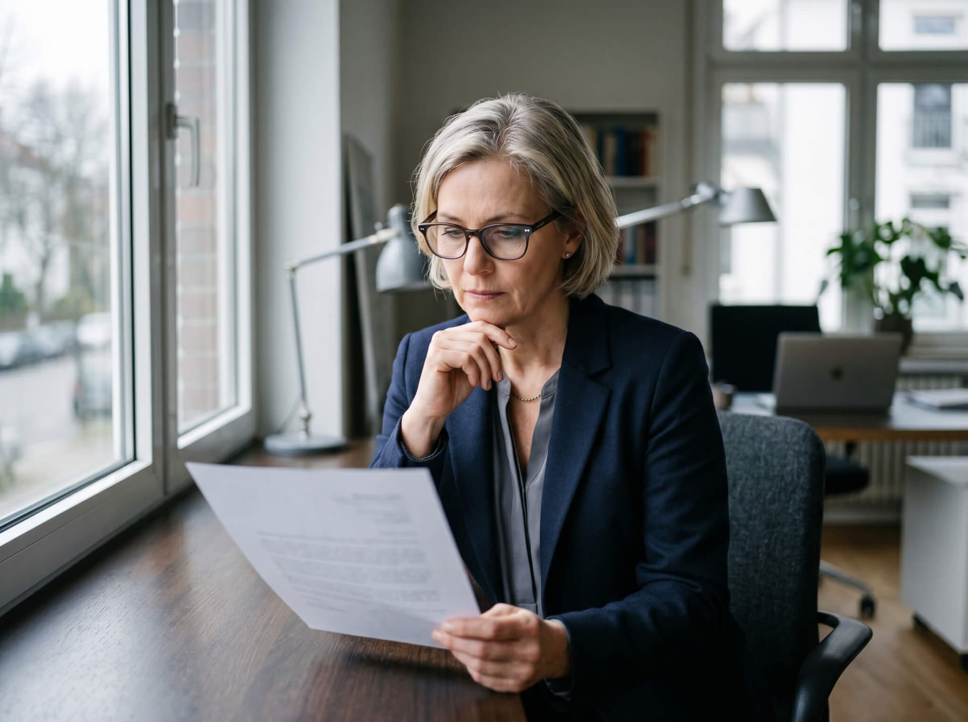 Person liest ein Arbeitszeugnis konzentriert mit Lesebrille am Fenster