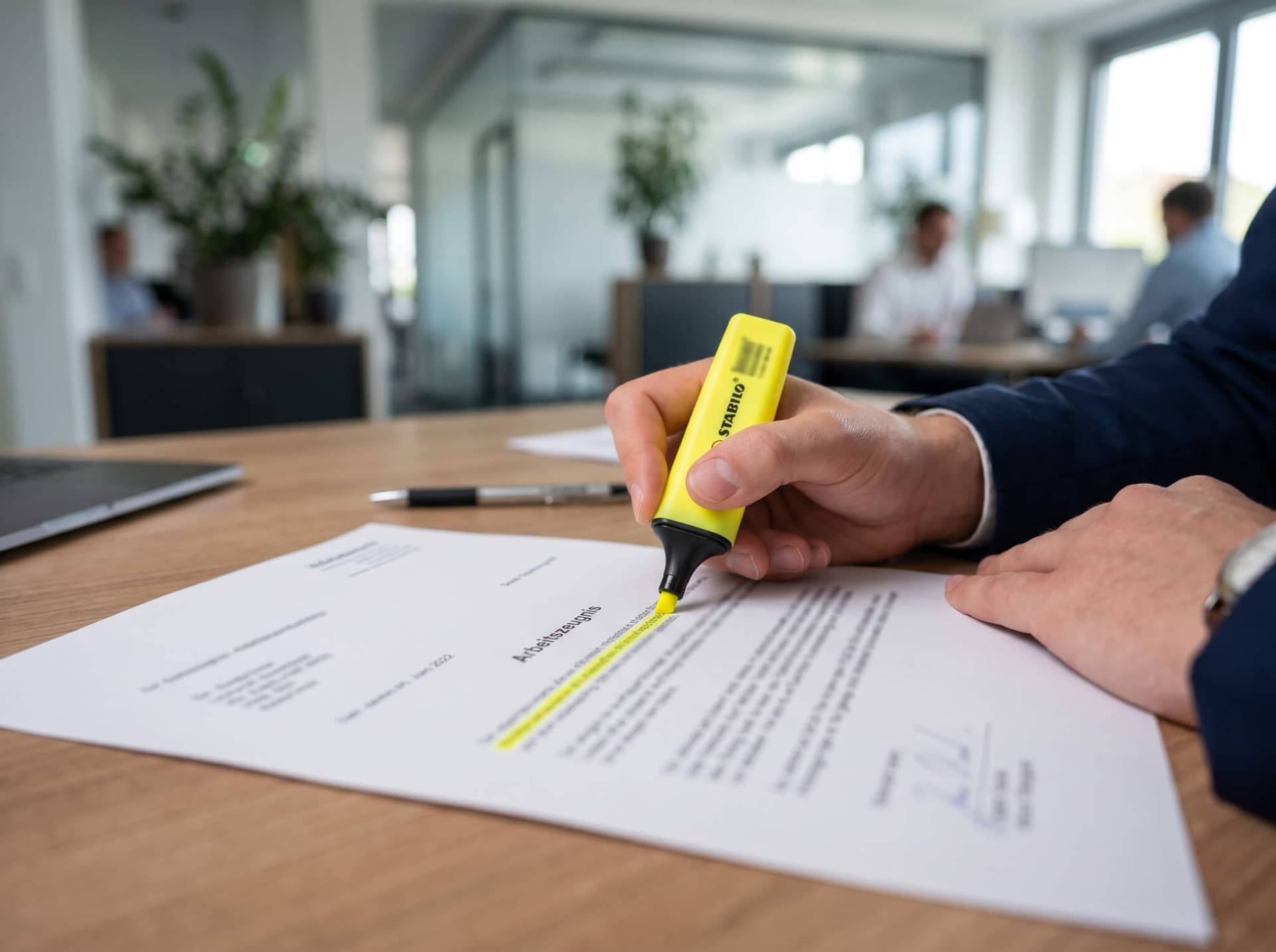 Textmarker hebt eine Zeile in einem gedruckten Arbeitszeugnis hervor