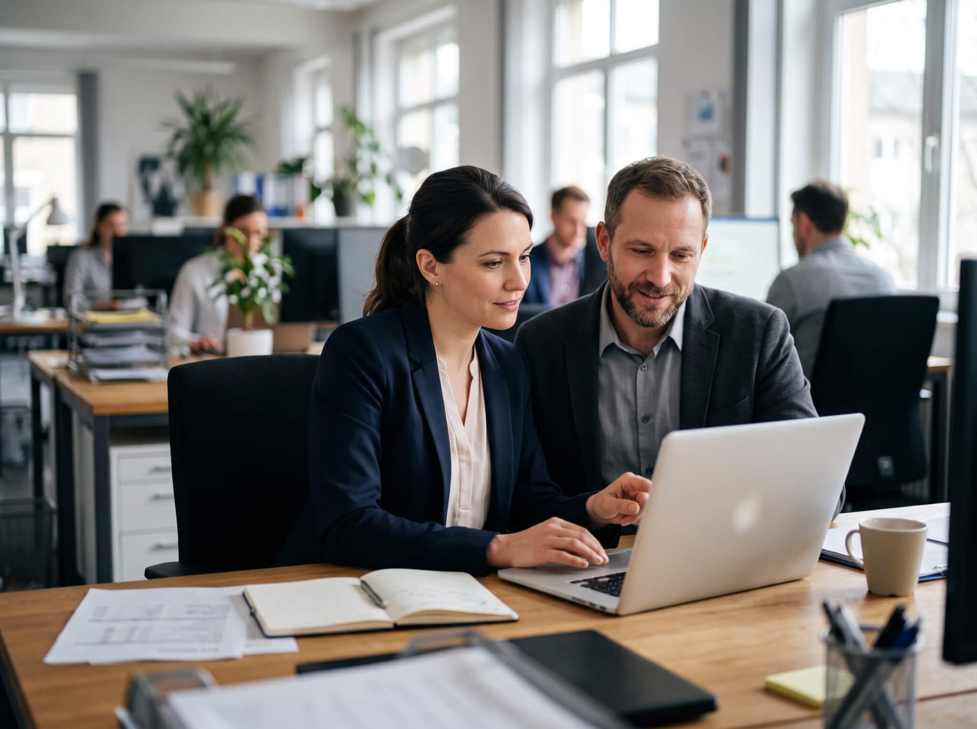 Zwei Kollegen arbeiten einvernehmlich gemeinsam am Laptop