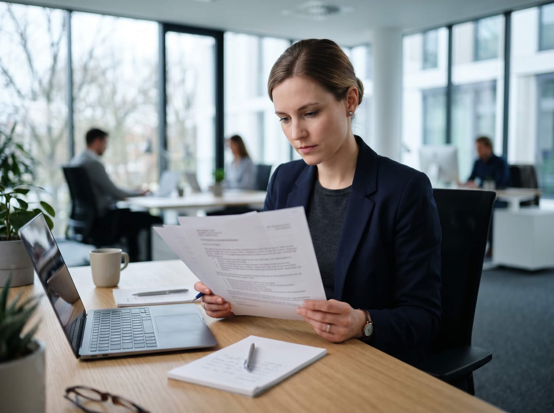 Konzentrierte Büroangestellte prüft Unterlagen an einem aufgeräumten Schreibtisch