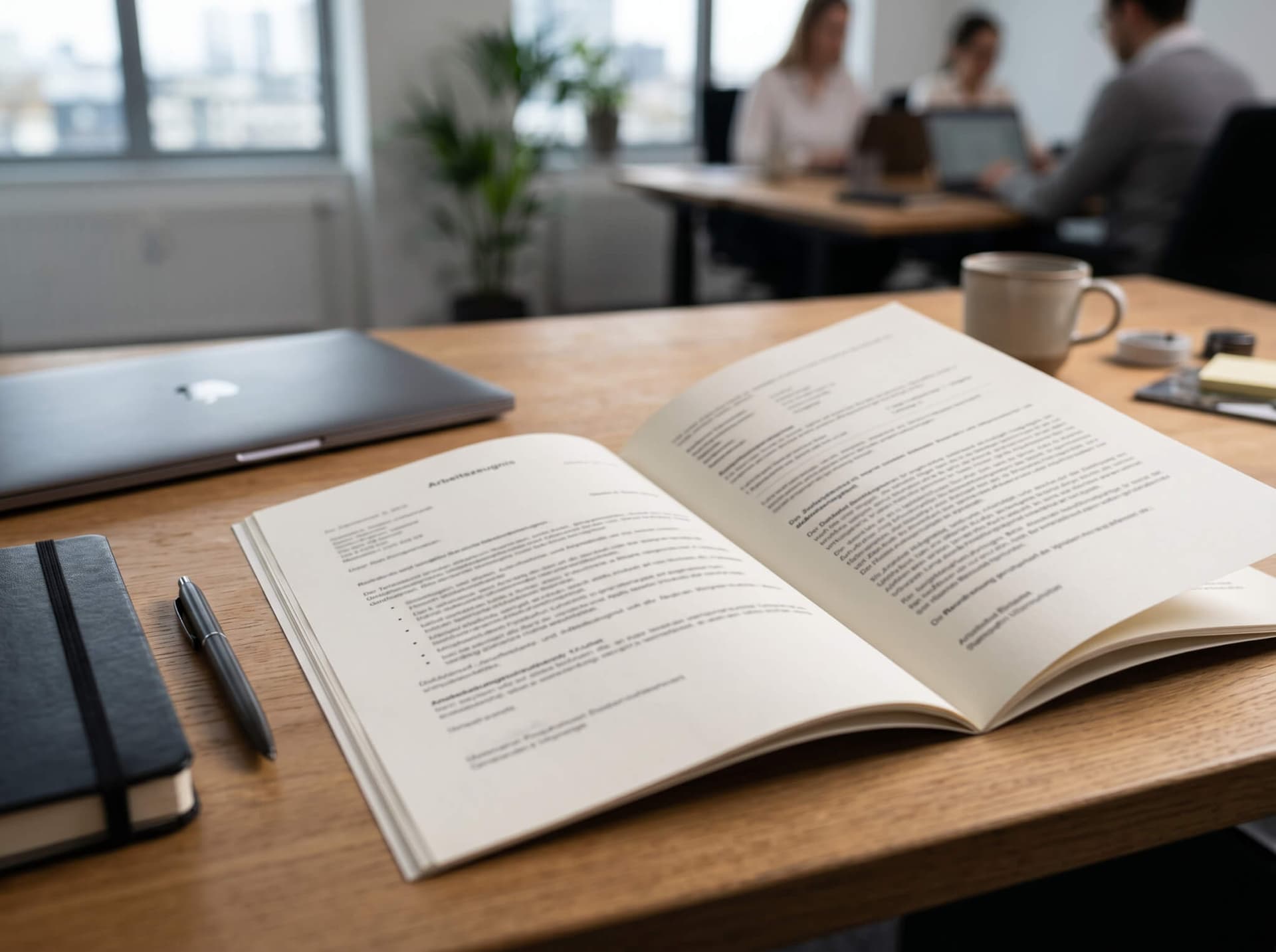 Aufgeschlagenes Arbeitszeugnis mit Beurteilungsabsatz auf dem Schreibtisch