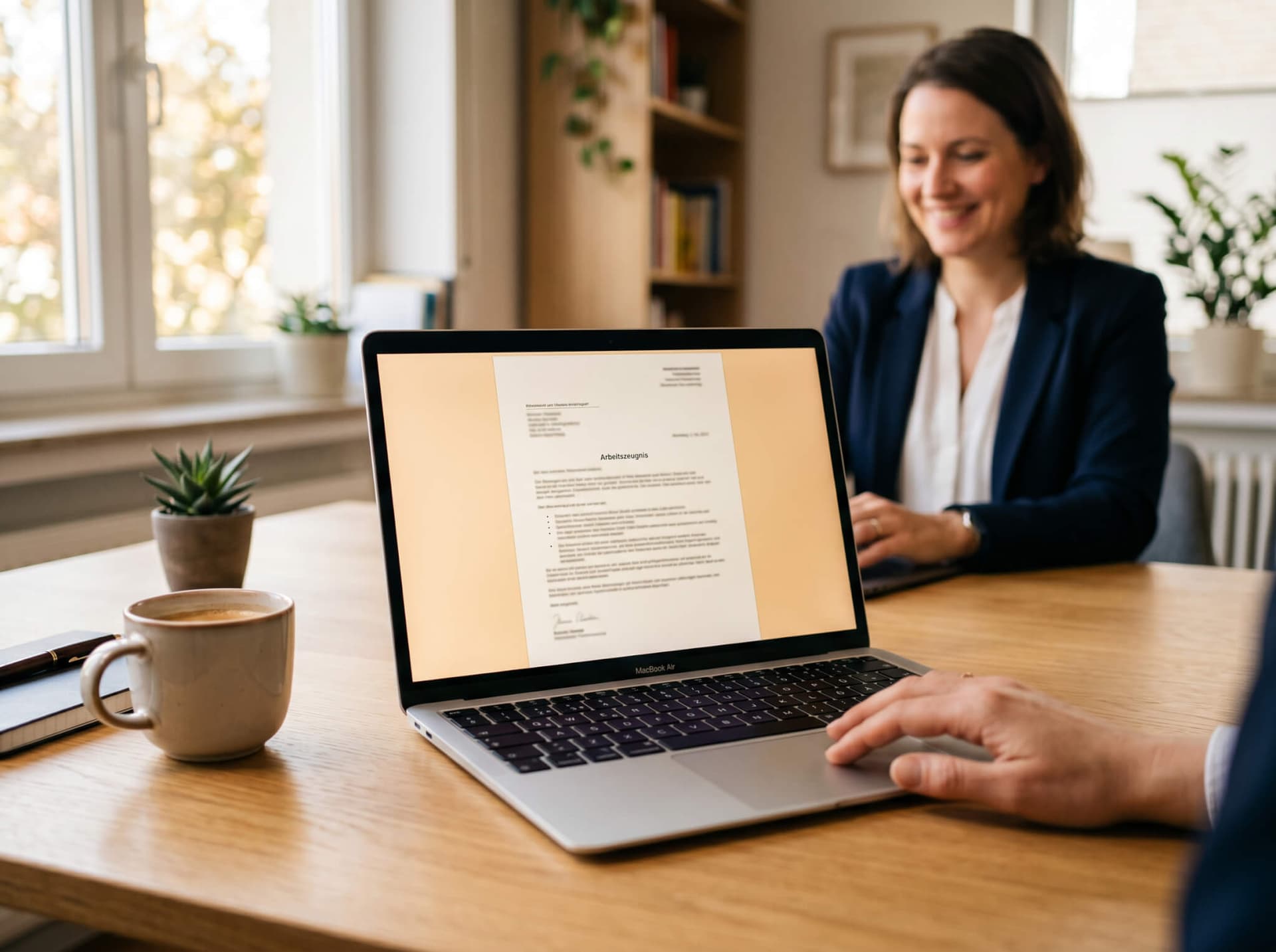Laptop zeigt die Vorschau eines Arbeitszeugnisses auf einem aufgeräumten Schreibtisch