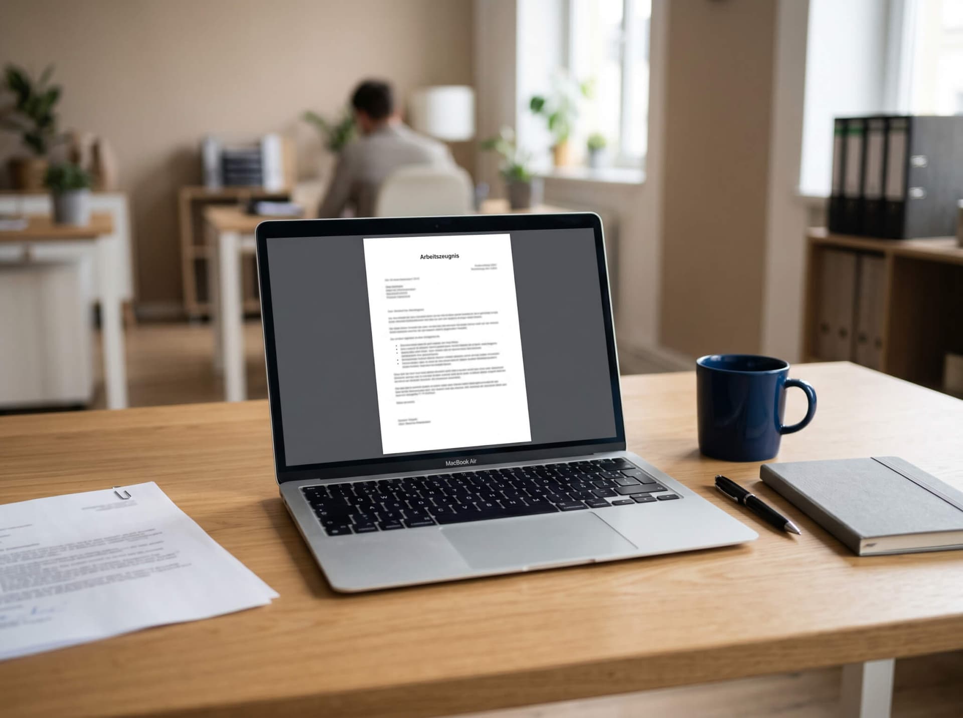 Laptop zeigt die Vorschau eines Arbeitszeugnisses auf einem aufgeräumten Schreibtisch