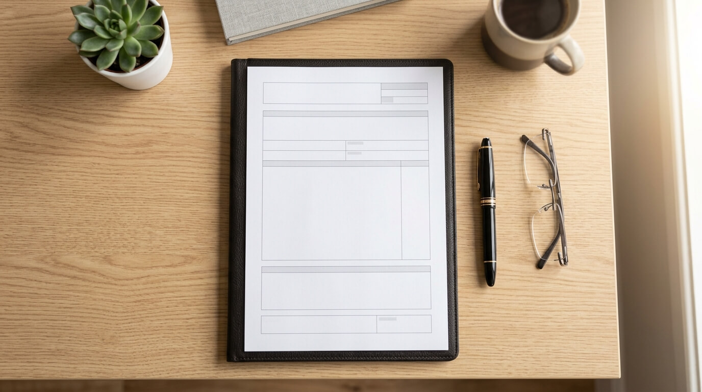 Arbeitszeugnis-Vorlage auf einem Schreibtisch mit Textmarkierungen